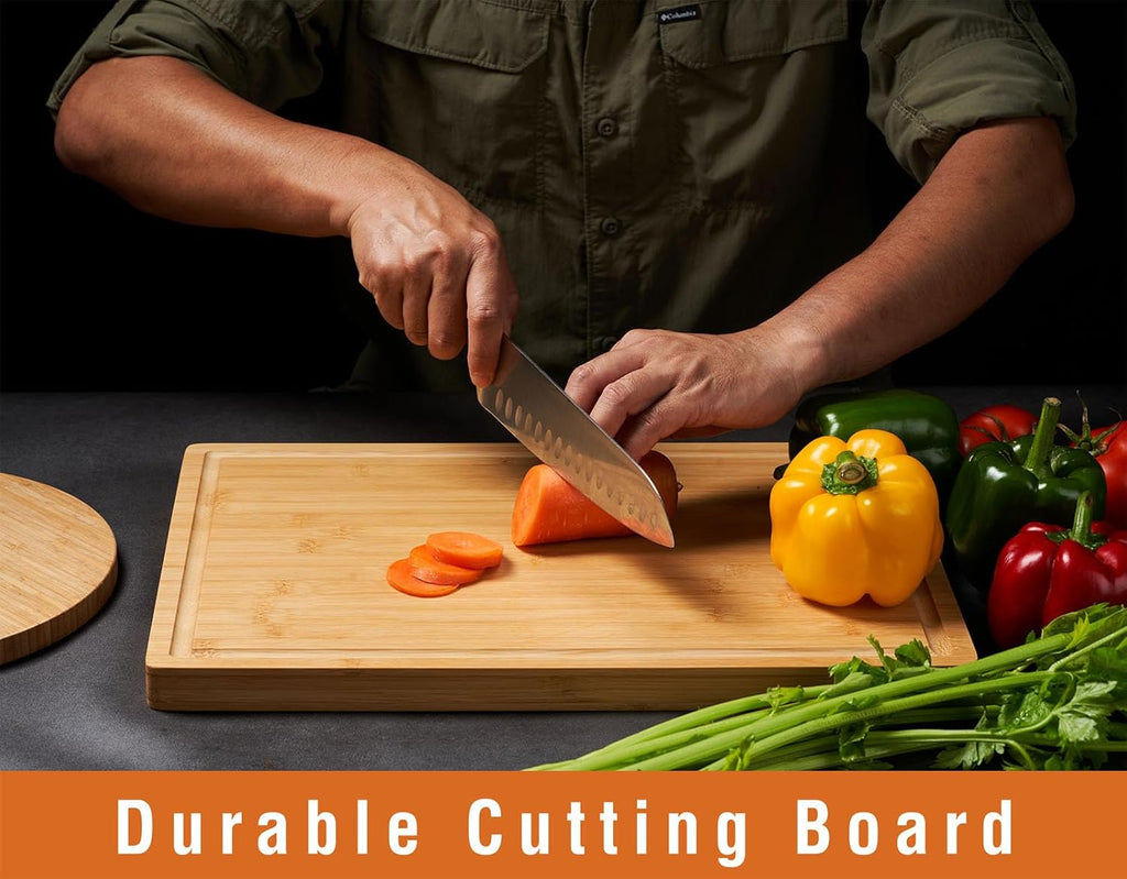 Bamboo Wood Cutting Board for Kitchen, 1" Thick Butcher Block, Cheese Charcuterie Board, with Side Handles and Juice Grooves, 16x11" - Grand Goldman