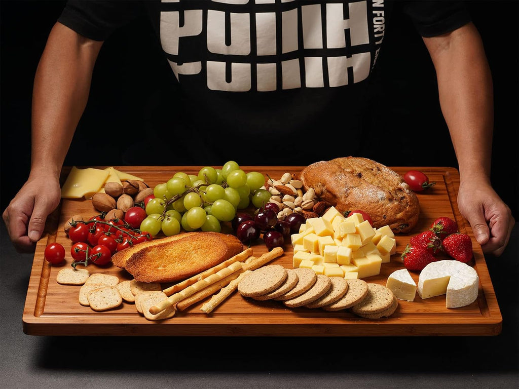 Bamboo Wood Cutting Board for Kitchen, 1" Thick Butcher Block, Cheese Charcuterie Board, with Side Handles and Juice Grooves, 16x11" - Grand Goldman
