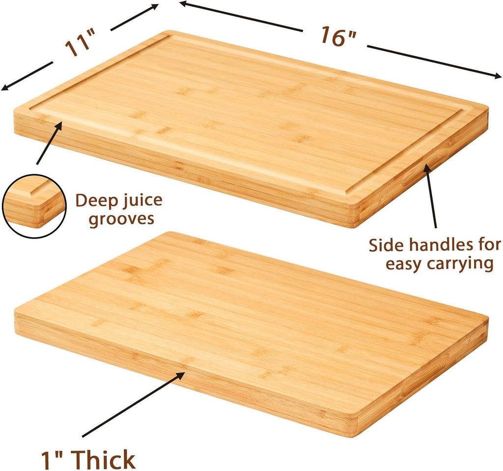 Bamboo Wood Cutting Board for Kitchen, 1" Thick Butcher Block, Cheese Charcuterie Board, with Side Handles and Juice Grooves, 16x11" - Grand Goldman