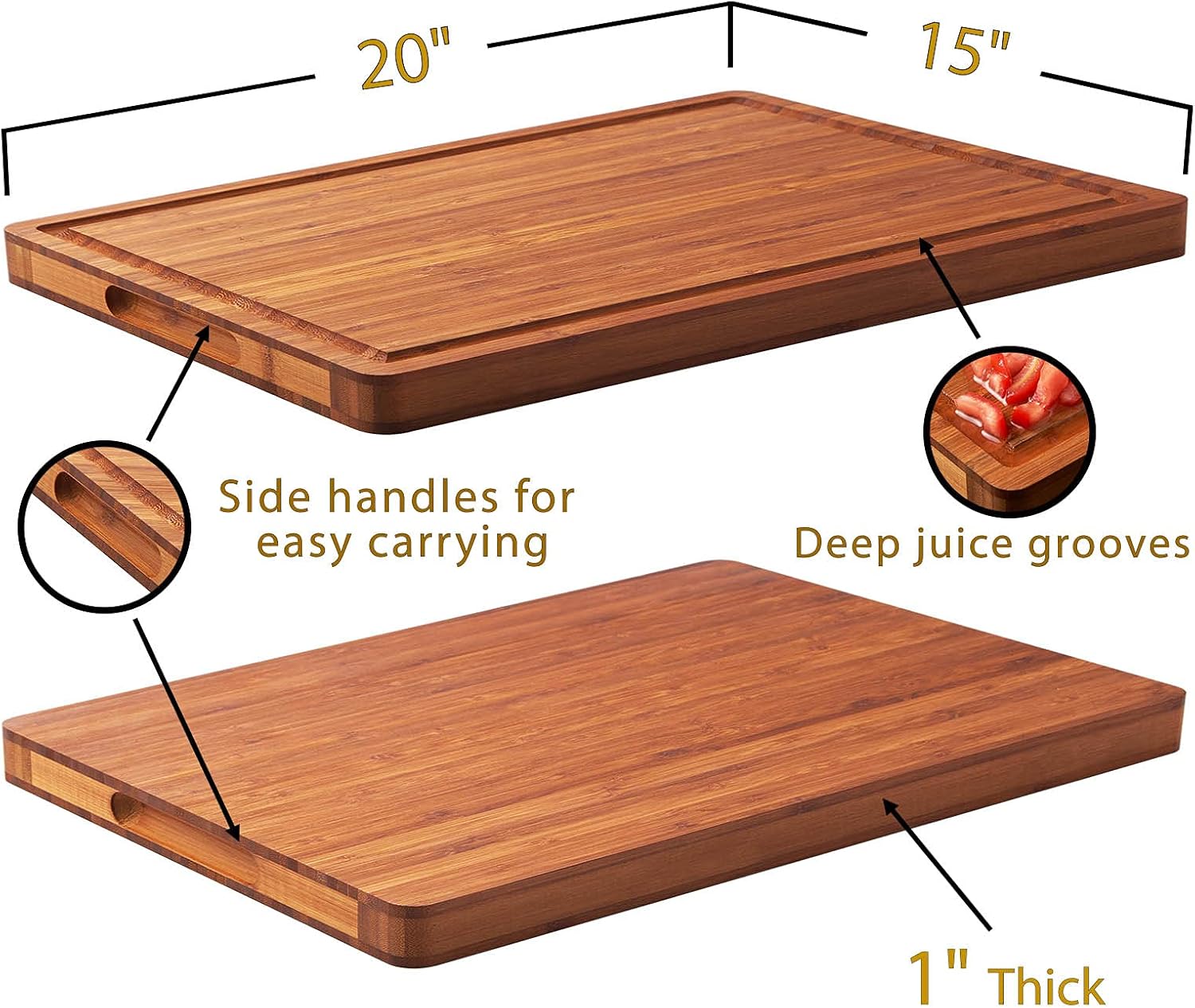 Bamboo Wood Cutting Board for Kitchen, 1" Thick Butcher Block, Cheese Charcuterie Board, with Side Handles and Juice Grooves, 16x11" - Grand Goldman