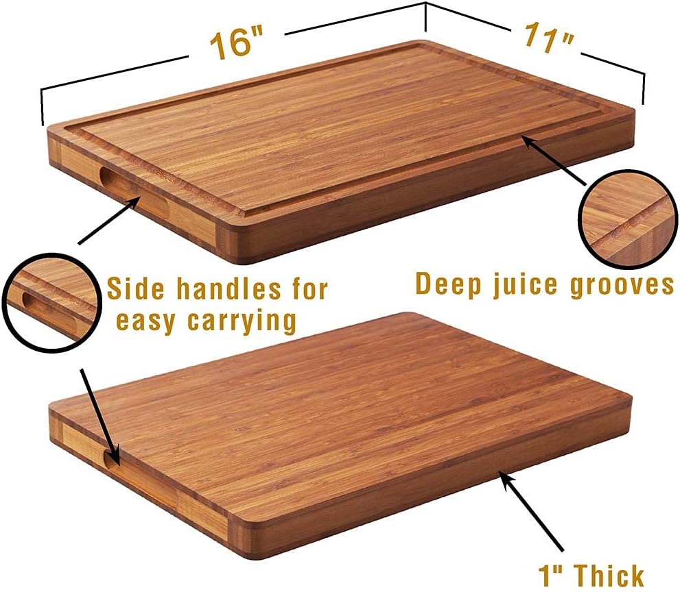 Bamboo Wood Cutting Board for Kitchen, 1" Thick Butcher Block, Cheese Charcuterie Board, with Side Handles and Juice Grooves, 16x11" - Grand Goldman