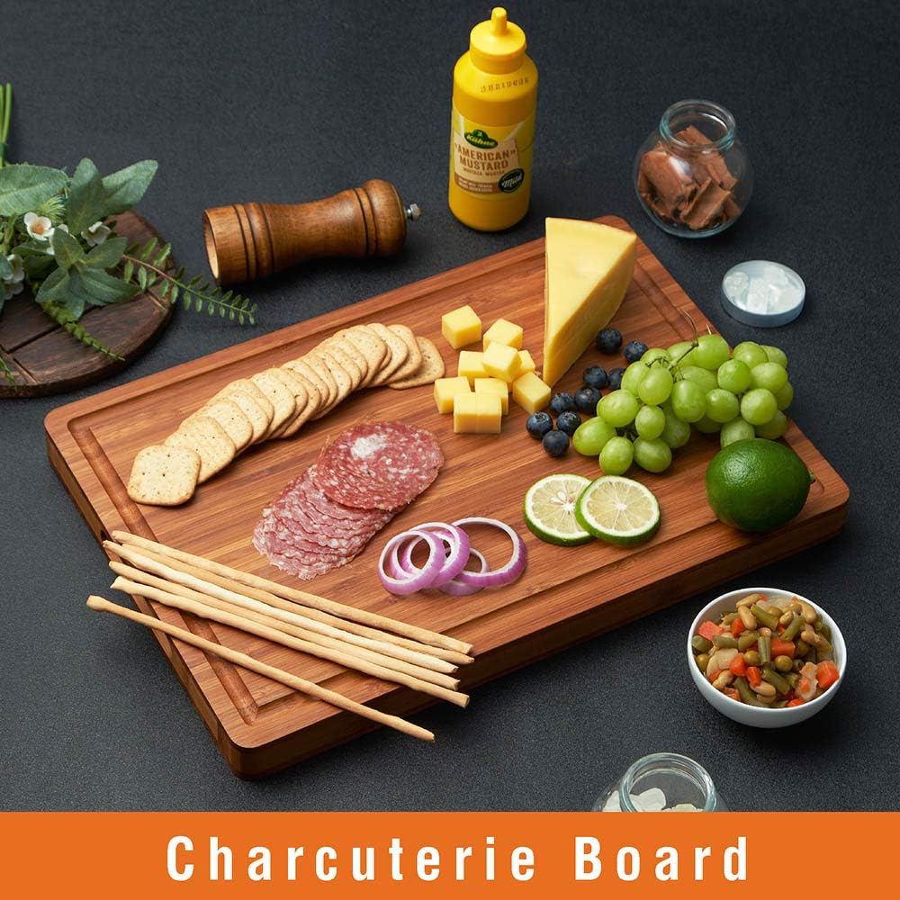 Bamboo Wood Cutting Board for Kitchen, 1" Thick Butcher Block, Cheese Charcuterie Board, with Side Handles and Juice Grooves, 16x11" - Grand Goldman