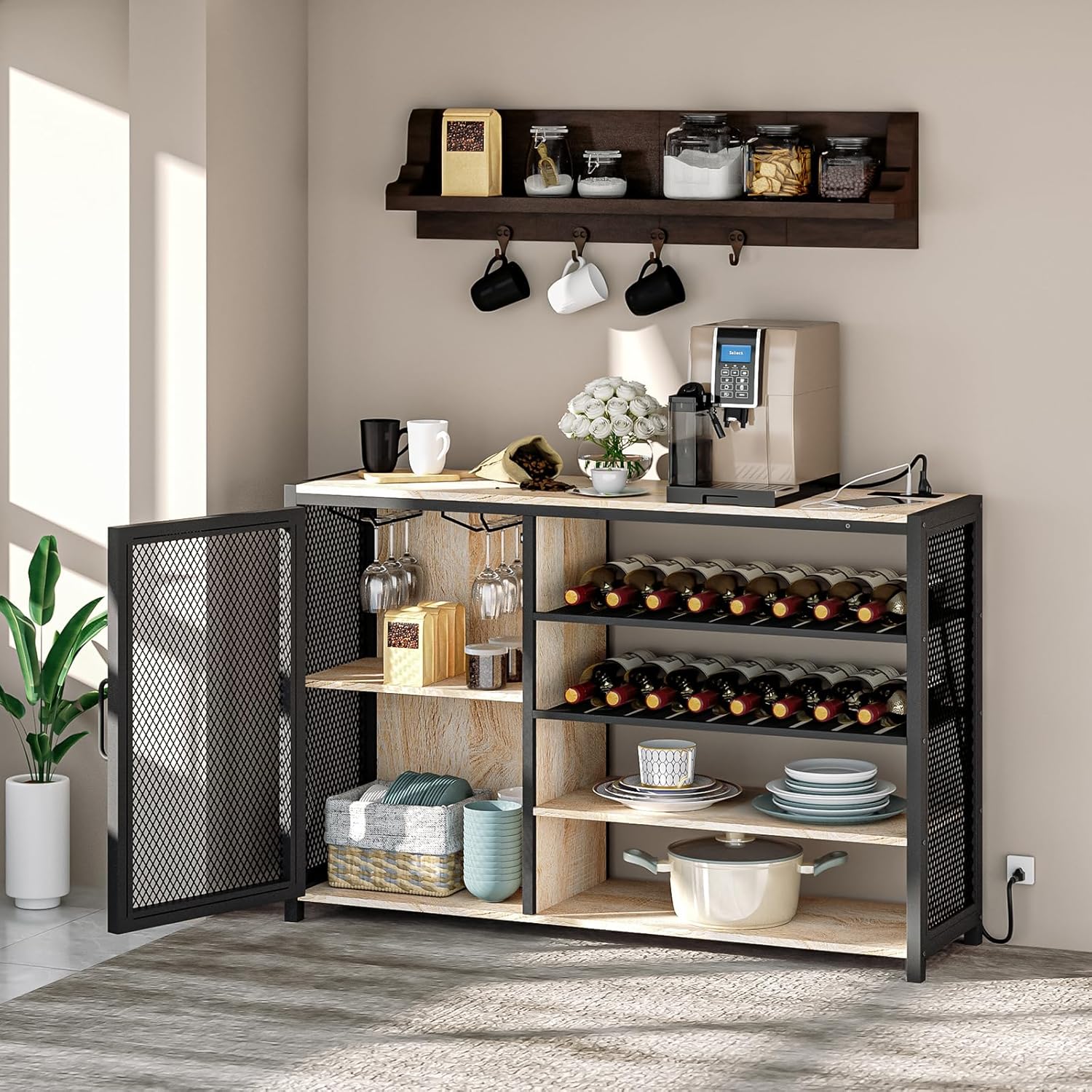 Bar Cabinets for Home,LED Coffee Bar with Power Outlets,47 Inch Sideboard,Industrial Liquor Cabinet with Wine Rack and Glass Holder,Kitchen,Dining Room,Grey - Grand Goldman
