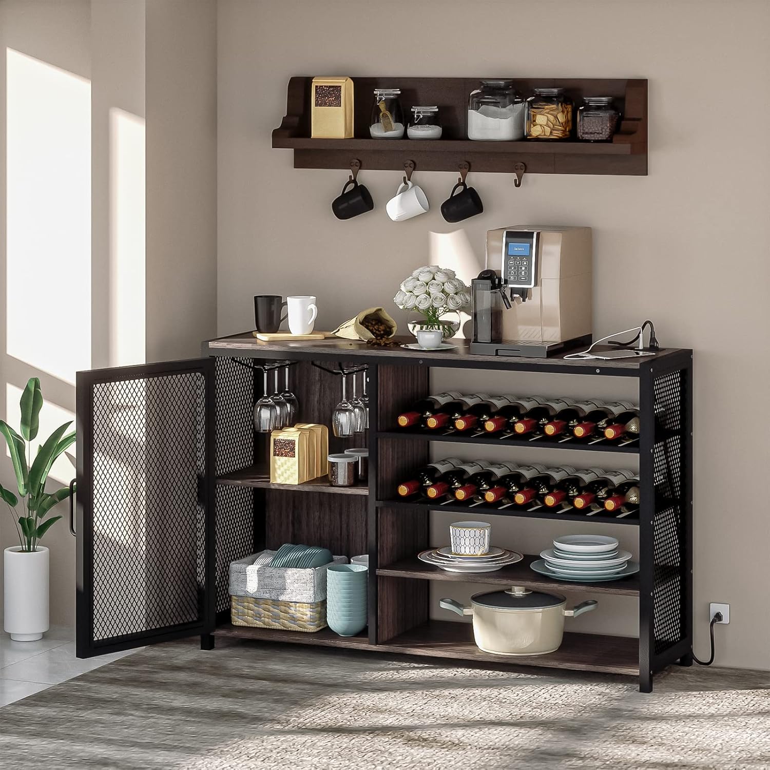 Bar Cabinets for Home,LED Coffee Bar with Power Outlets,47 Inch Sideboard,Industrial Liquor Cabinet with Wine Rack and Glass Holder,Kitchen,Dining Room,Grey - Grand Goldman