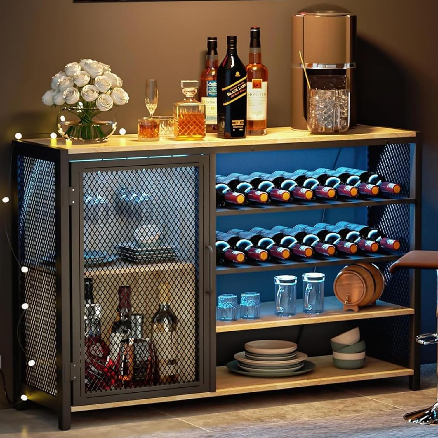 Bar Cabinets for Home,LED Coffee Bar with Power Outlets,47 Inch Sideboard,Industrial Liquor Cabinet with Wine Rack and Glass Holder,Kitchen,Dining Room,Grey - Grand Goldman