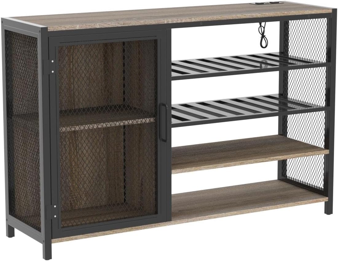 Bar Cabinets for Home,LED Coffee Bar with Power Outlets,47 Inch Sideboard,Industrial Liquor Cabinet with Wine Rack and Glass Holder,Kitchen,Dining Room,Grey - Grand Goldman