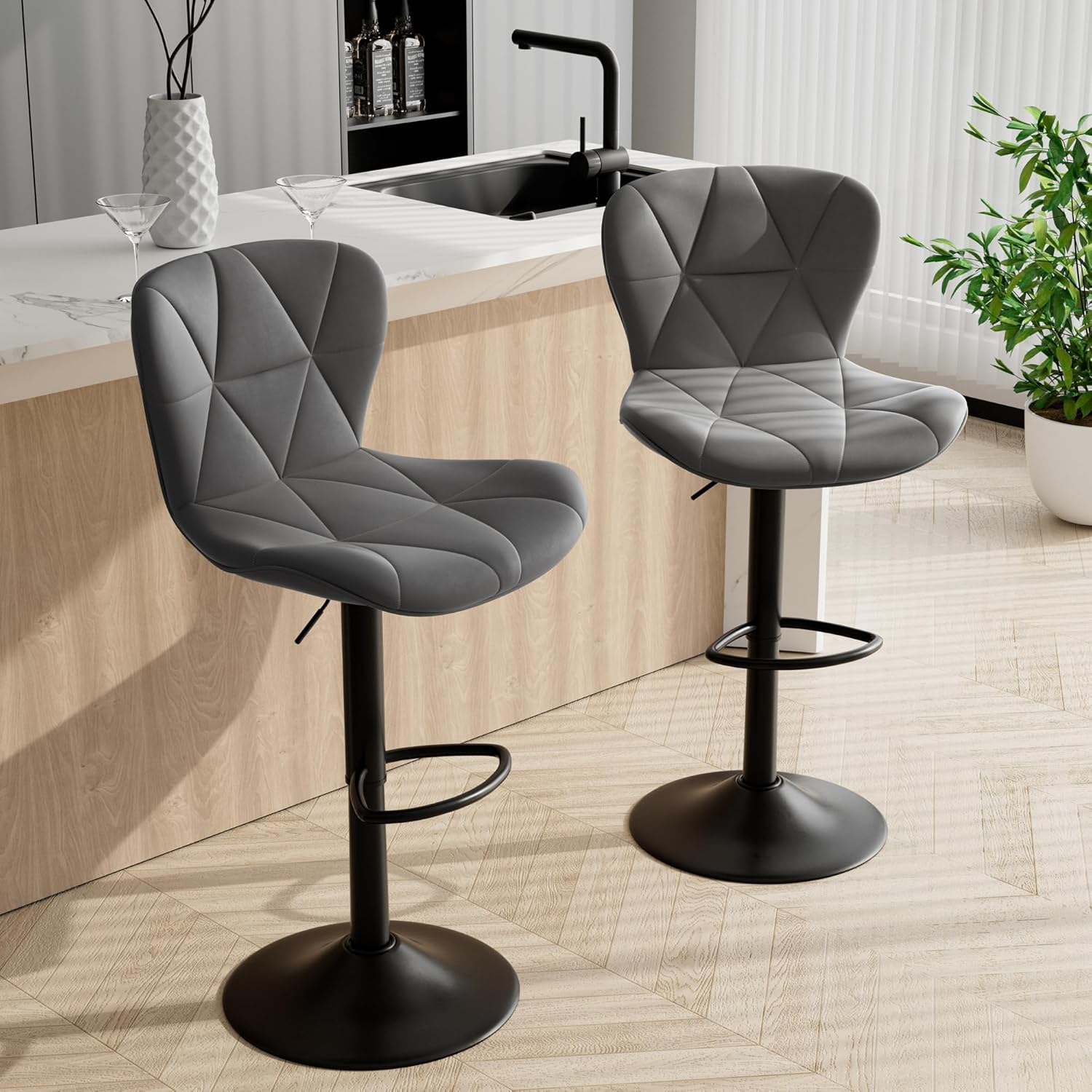 Bar Stools Set of 2,Adjustable Swivel Barstools, Faux Leather Bar Chairs,Upholstered Counter Height with High Backrest for Kitchen Island, Black - Grand Goldman