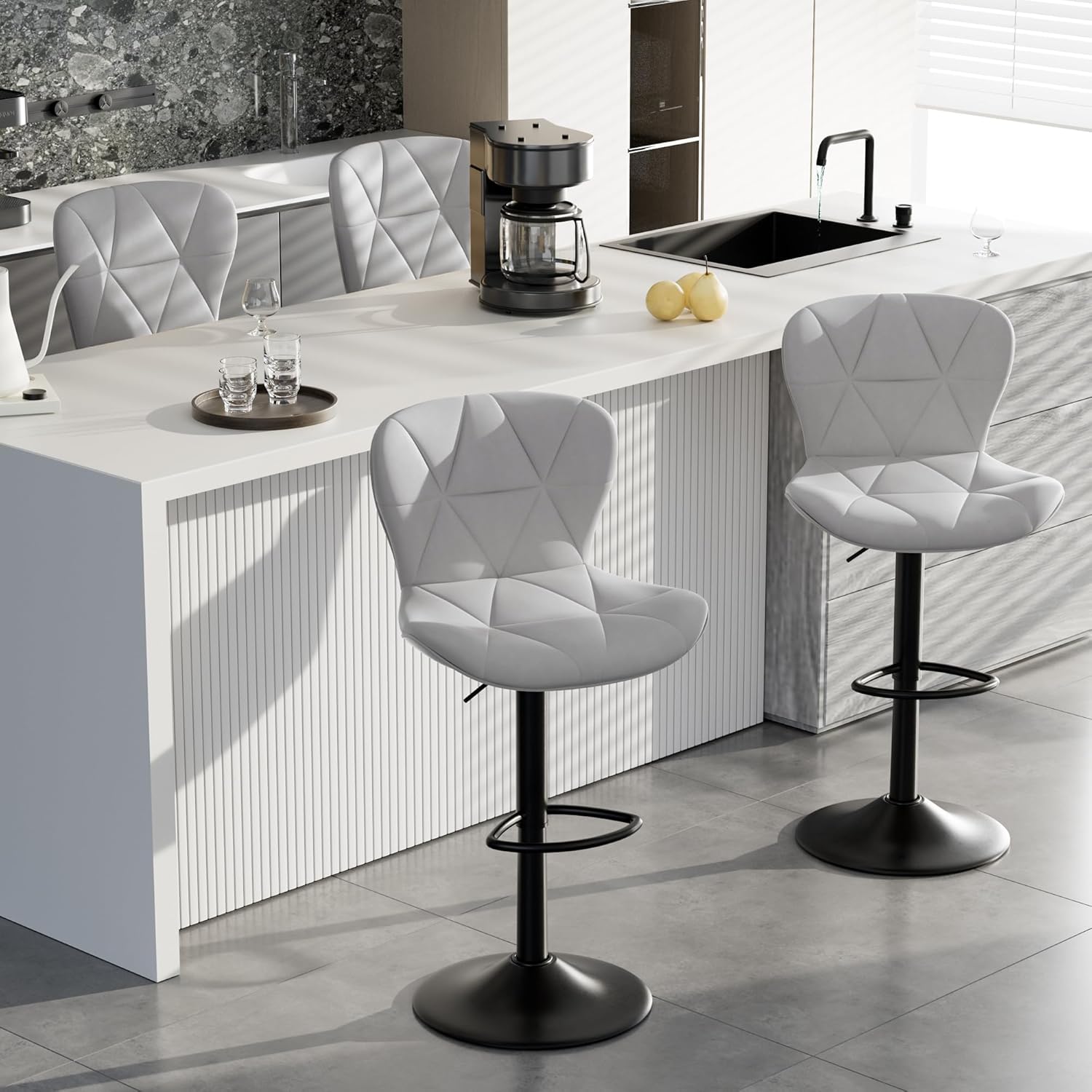 Bar Stools Set of 2,Adjustable Swivel Barstools, Faux Leather Bar Chairs,Upholstered Counter Height with High Backrest for Kitchen Island, Black - Grand Goldman