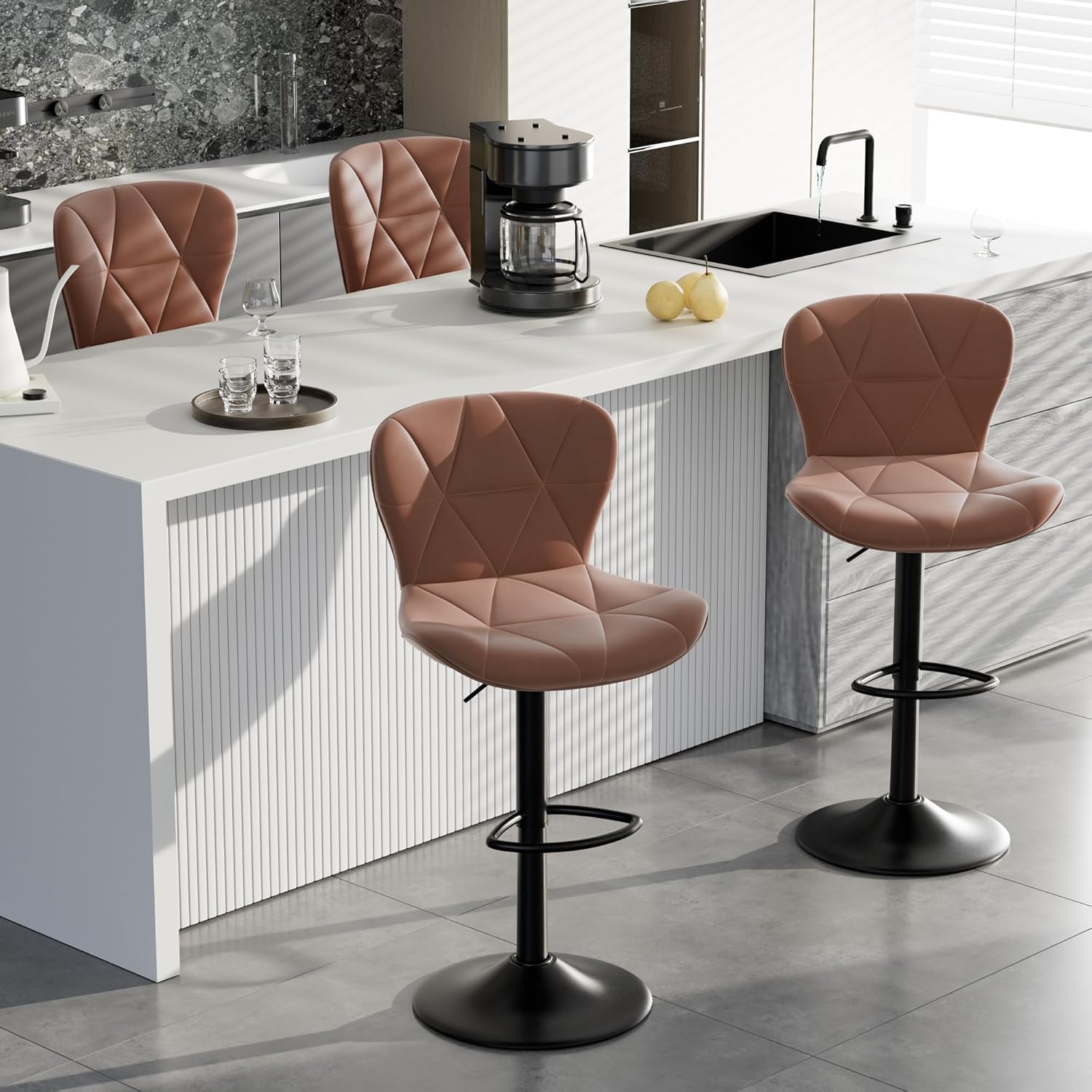 Bar Stools Set of 2,Adjustable Swivel Barstools, Faux Leather Bar Chairs,Upholstered Counter Height with High Backrest for Kitchen Island, Black - Grand Goldman