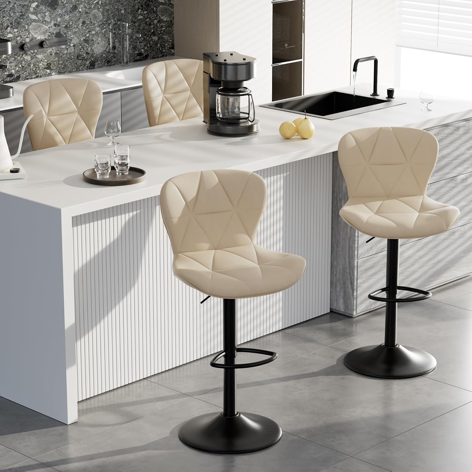 Bar Stools Set of 2,Adjustable Swivel Barstools, Faux Leather Bar Chairs,Upholstered Counter Height with High Backrest for Kitchen Island, Black - Grand Goldman