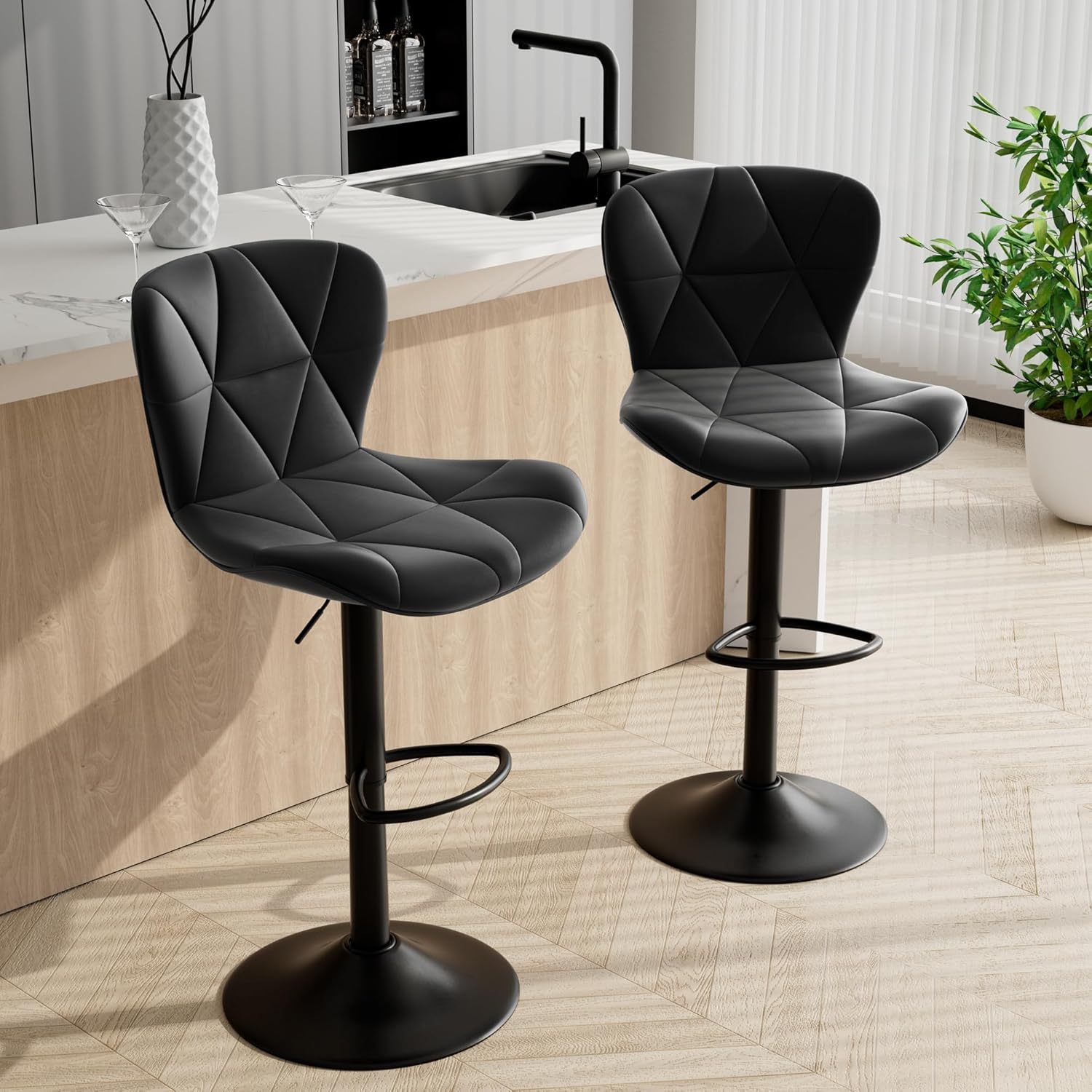 Bar Stools Set of 2,Adjustable Swivel Barstools, Faux Leather Bar Chairs,Upholstered Counter Height with High Backrest for Kitchen Island, Black - Grand Goldman