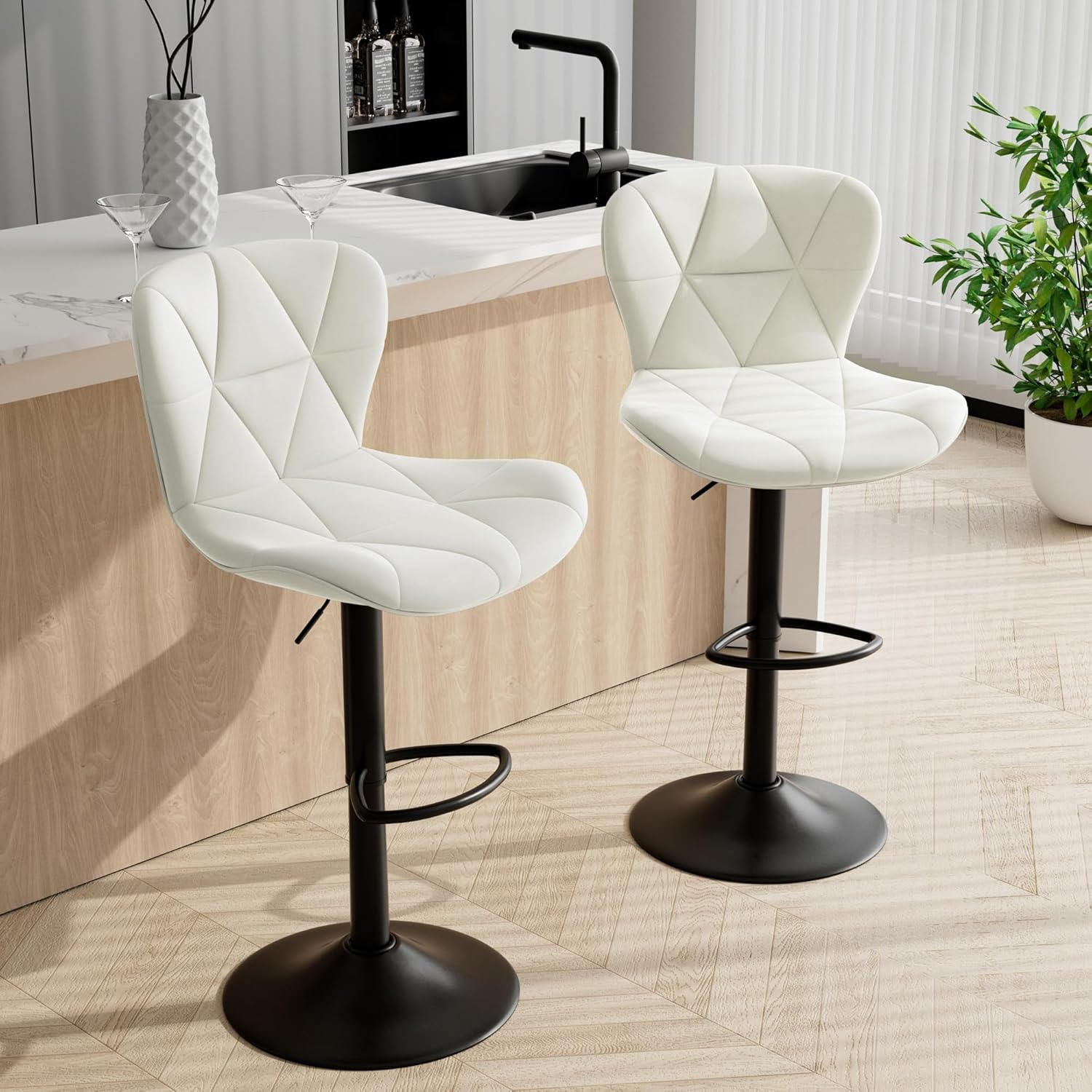 Bar Stools Set of 2,Adjustable Swivel Barstools, Faux Leather Bar Chairs,Upholstered Counter Height with High Backrest for Kitchen Island, Black - Grand Goldman