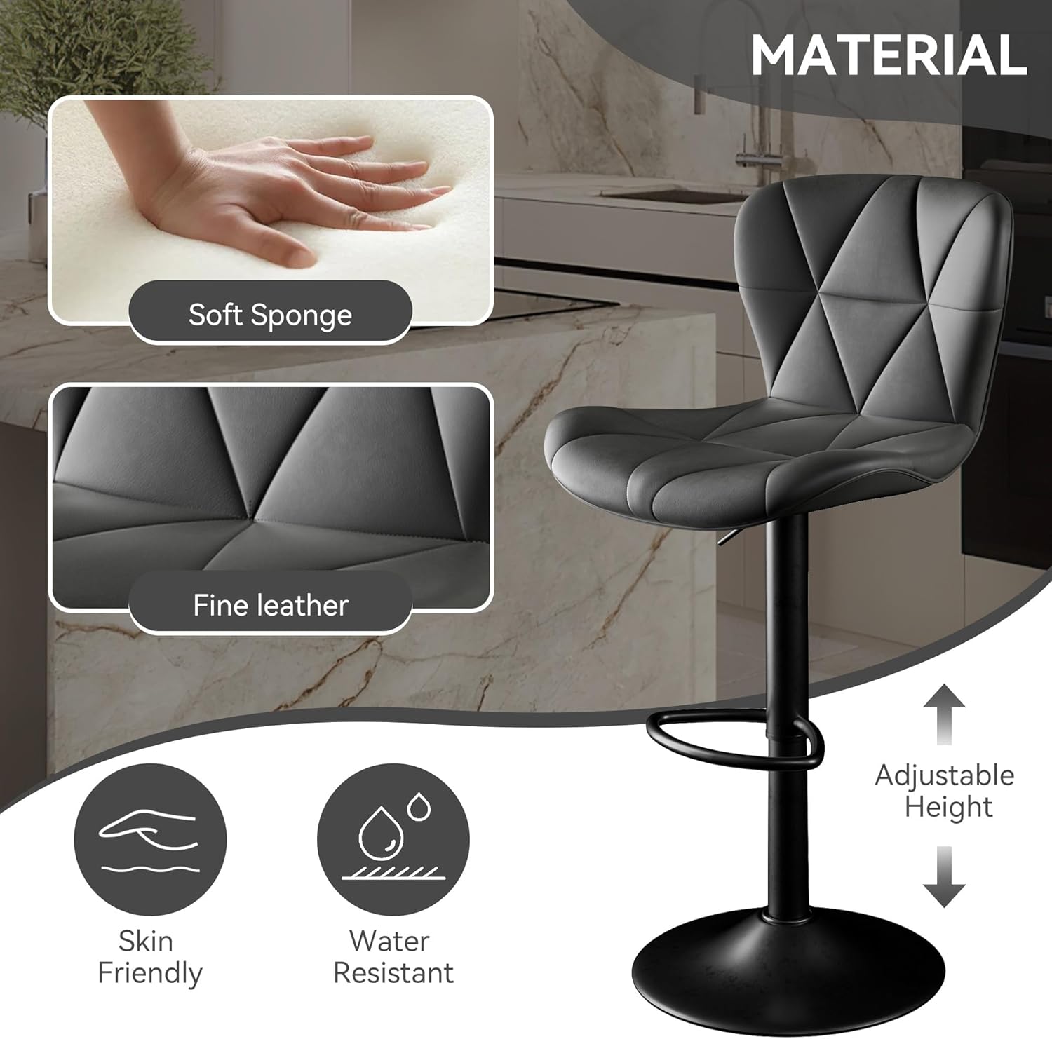 Bar Stools Set of 2,Adjustable Swivel Barstools, Faux Leather Bar Chairs,Upholstered Counter Height with High Backrest for Kitchen Island, Black - Grand Goldman