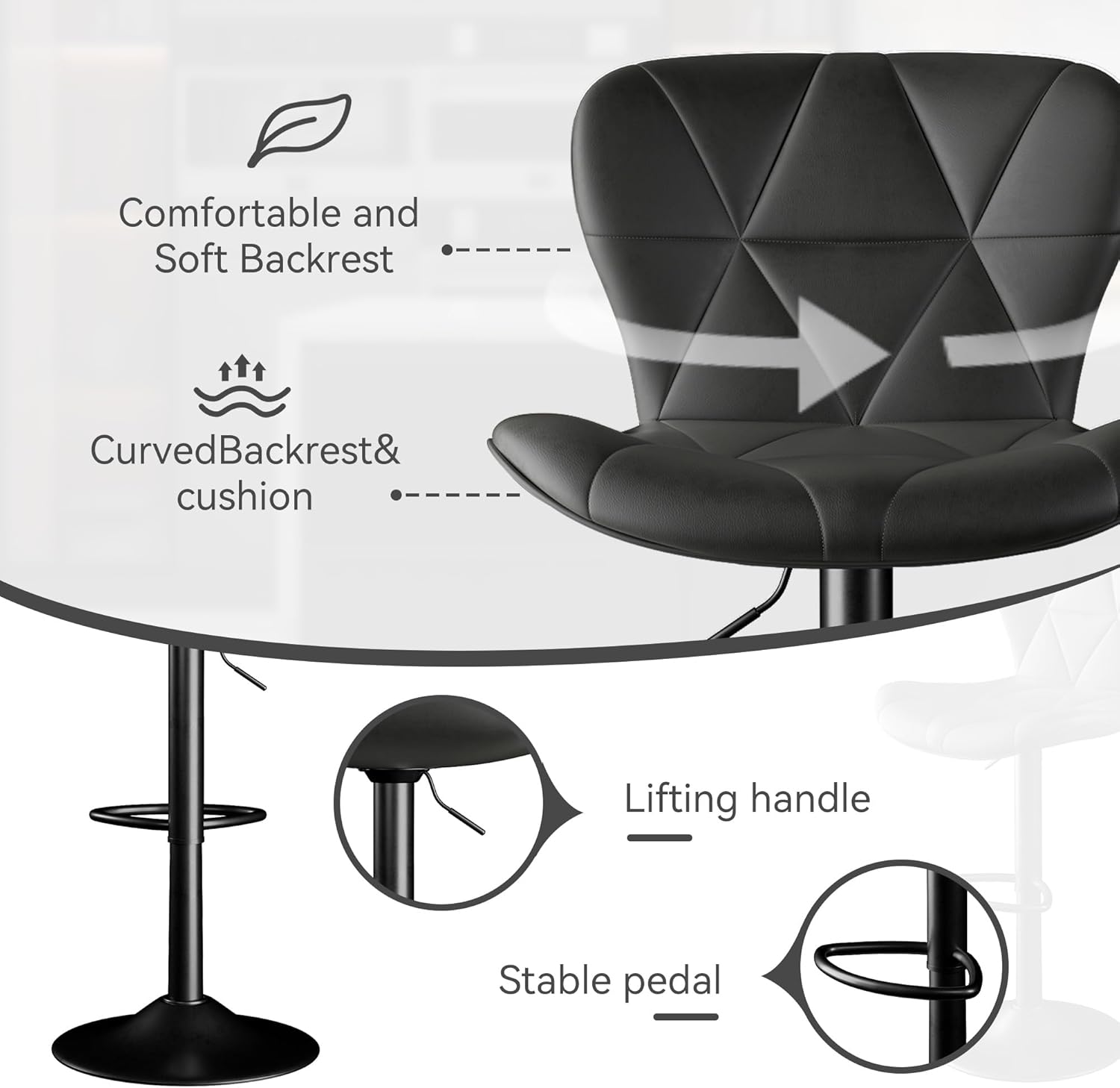 Bar Stools Set of 2,Adjustable Swivel Barstools, Faux Leather Bar Chairs,Upholstered Counter Height with High Backrest for Kitchen Island, Black - Grand Goldman