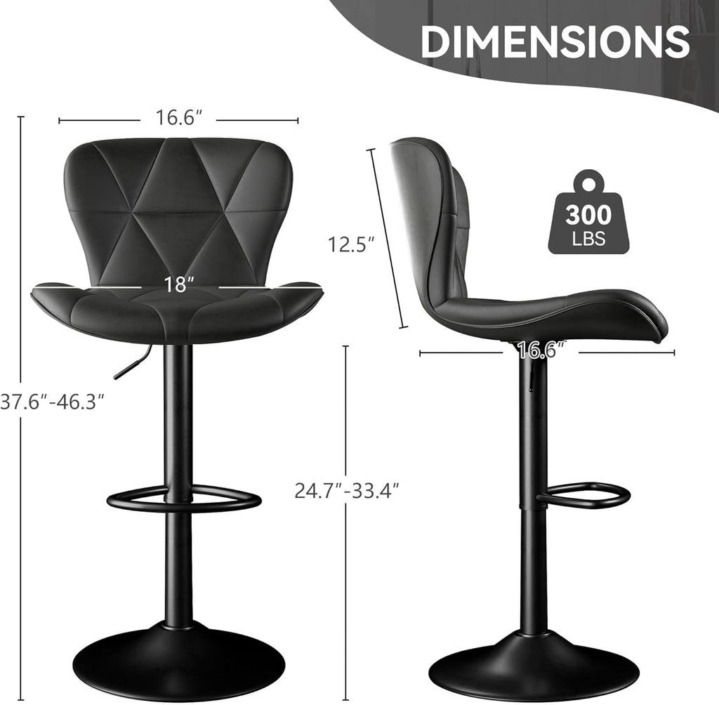 Bar Stools Set of 2,Adjustable Swivel Barstools, Faux Leather Bar Chairs,Upholstered Counter Height with High Backrest for Kitchen Island, Black - Grand Goldman