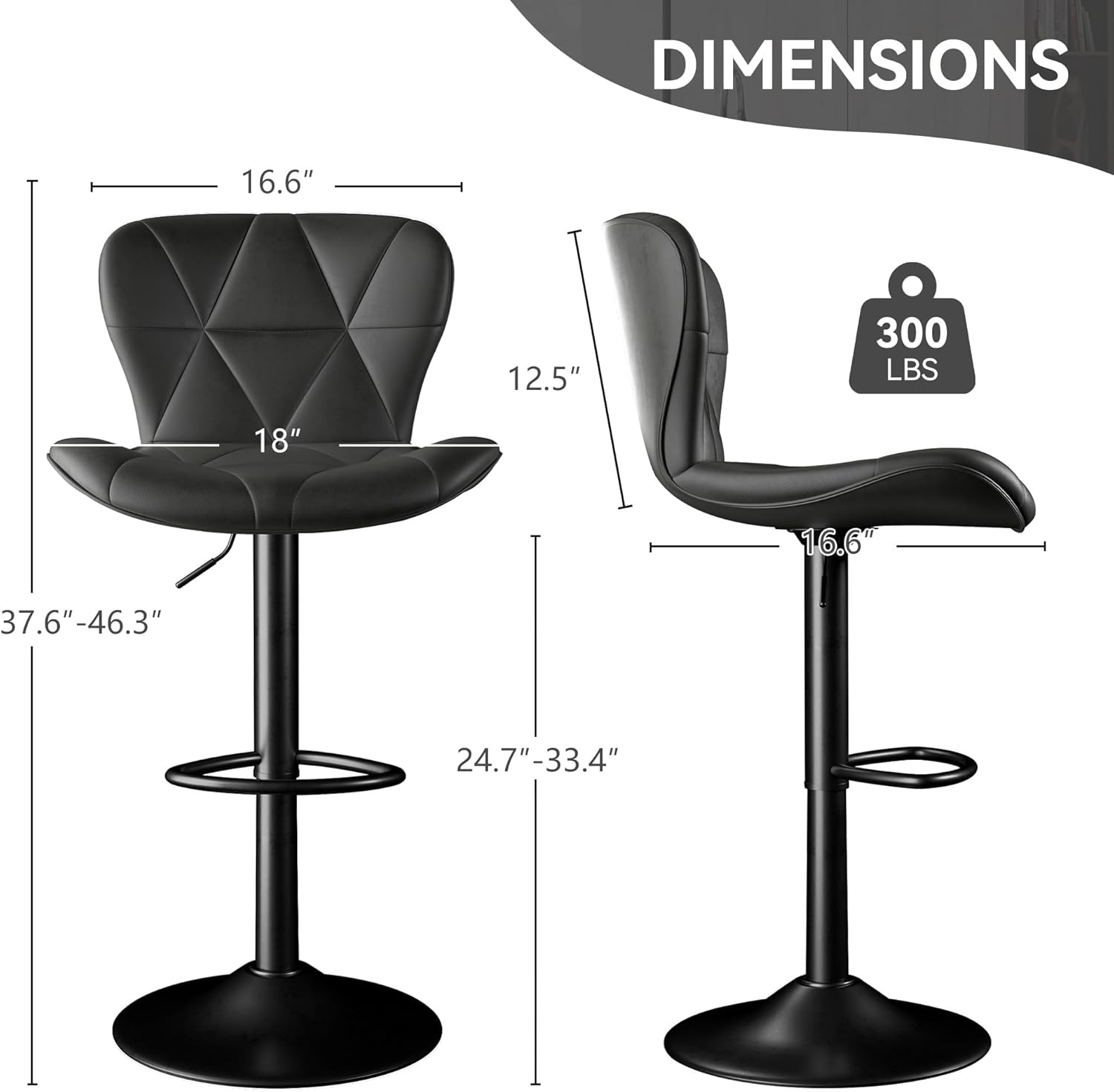 Bar Stools Set of 2,Adjustable Swivel Barstools, Faux Leather Bar Chairs,Upholstered Counter Height with High Backrest for Kitchen Island, Black - Grand Goldman