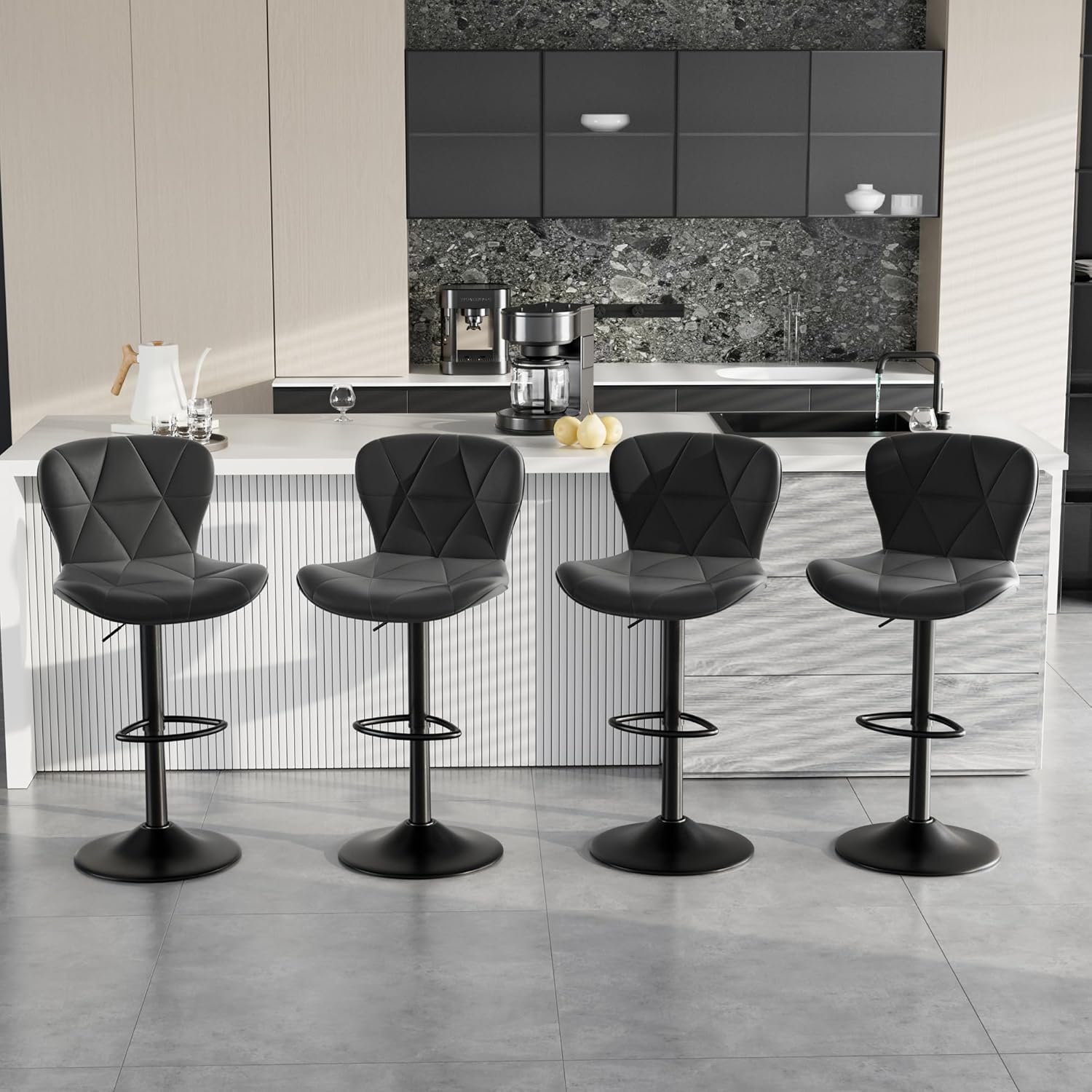 Bar Stools Set of 2,Adjustable Swivel Barstools, Faux Leather Bar Chairs,Upholstered Counter Height with High Backrest for Kitchen Island, Black - Grand Goldman
