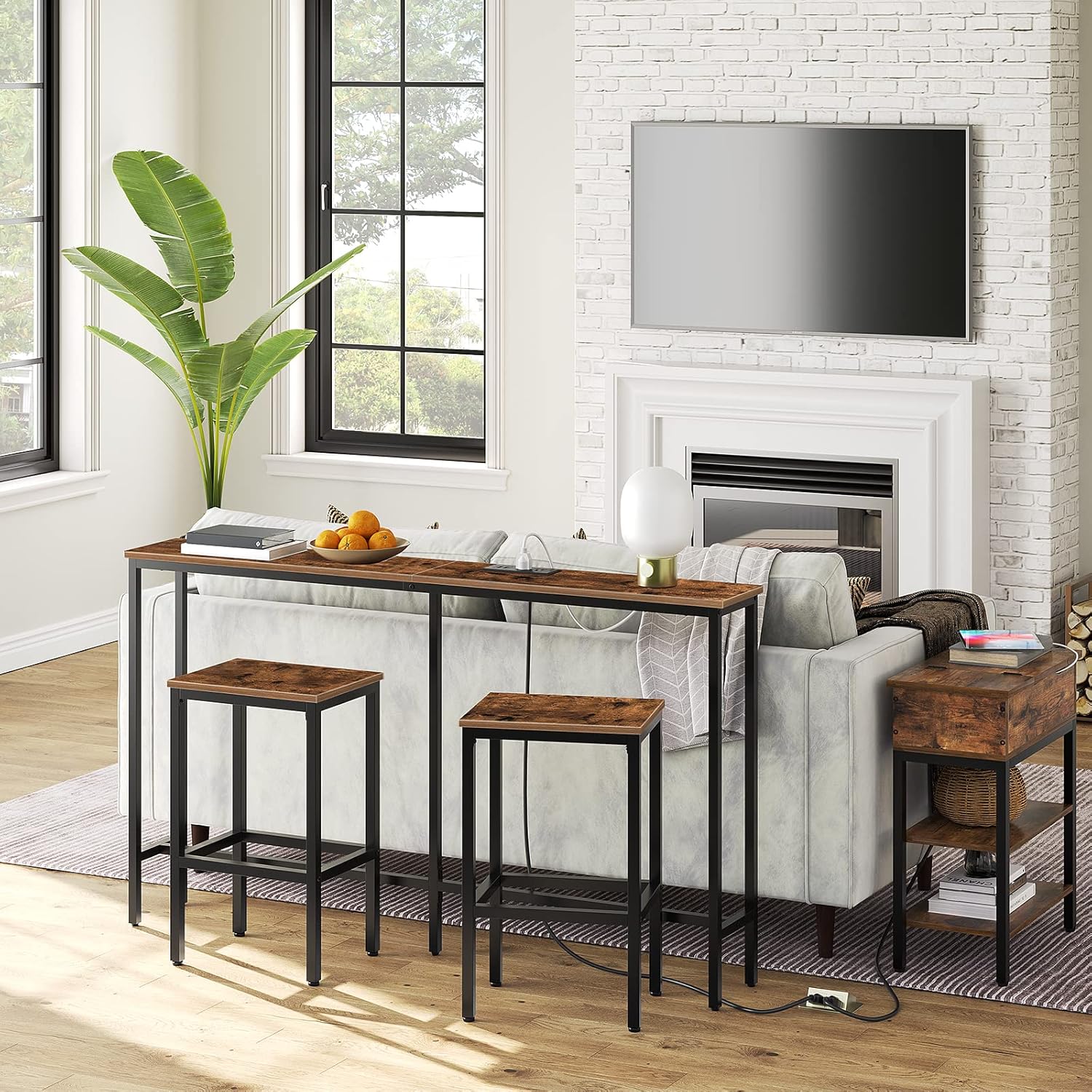 Bar Stools, Set of 2 Bar Chairs, Kitchen Breakfast Bar Stools with Footrest, 25.8" Dining Stools, Rectangular Industrial Bar Chairs, for Dining Room, Kitchen,Rustic Brown BAHR0101Z - Grand Goldman