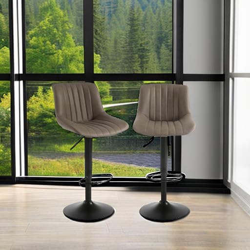 Bar Stools Set of 2, Swivel Counter Height Barstools with Back, Adjustable Faux PU Leather Bar Chairs, Modern Armless Kitchen Island Stool, Brown - Grand Goldman