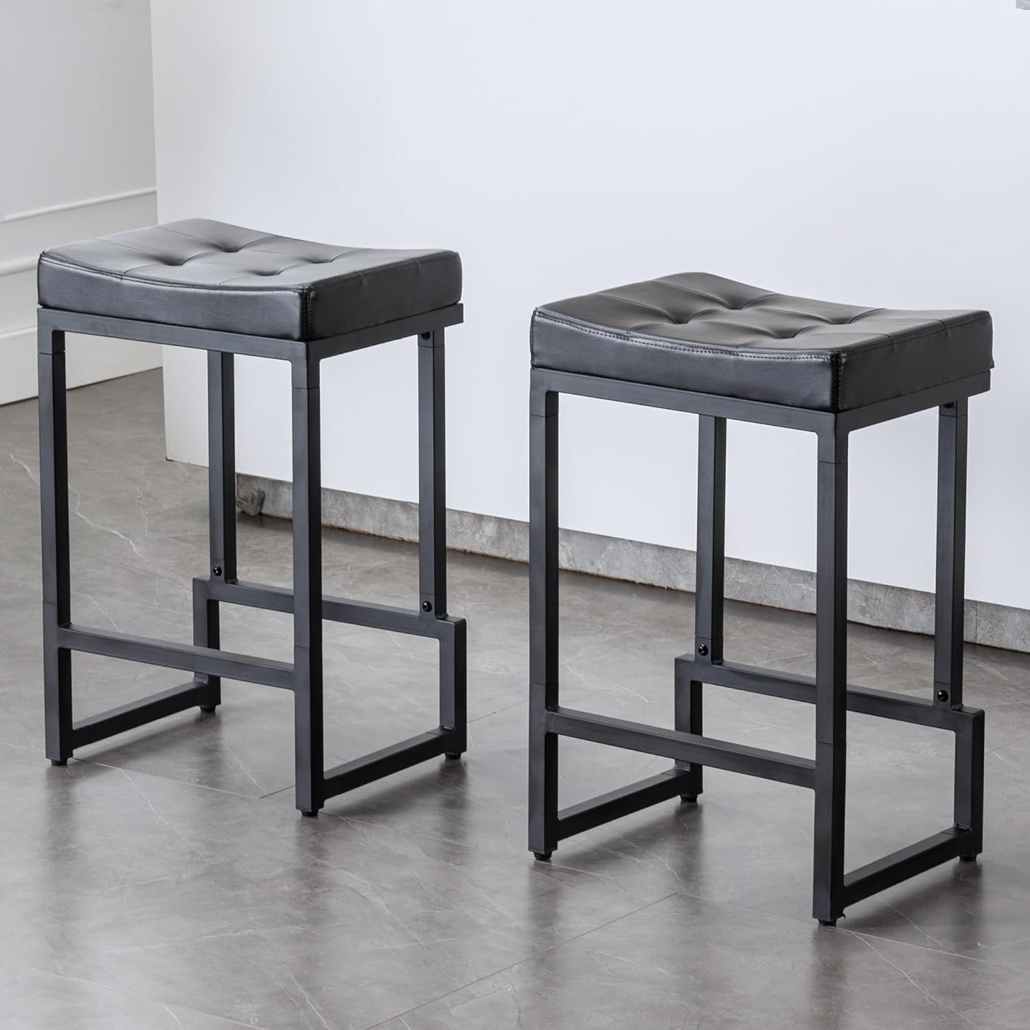 Bar Stools Set of 3, 24" Counter Height Bar Stools, Faux Leather Barstools for Kitchen Island, Backless Saddle Stools with Metal Legs (Grey, 3PCS 24" Counter Stools) - Grand Goldman