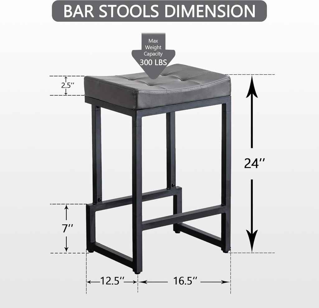 Bar Stools Set of 3, 24" Counter Height Bar Stools, Faux Leather Barstools for Kitchen Island, Backless Saddle Stools with Metal Legs (Grey, 3PCS 24" Counter Stools) - Grand Goldman