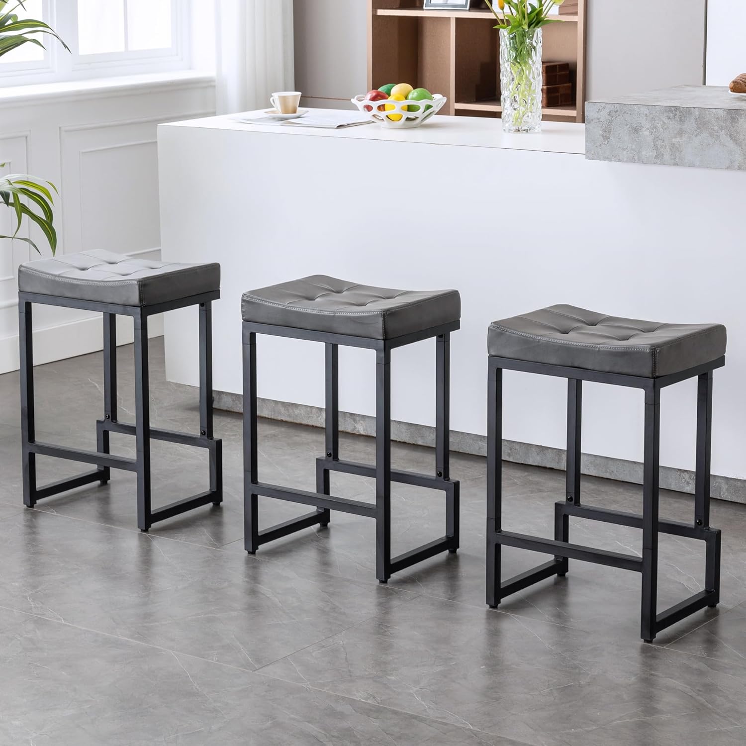 Bar Stools Set of 3, 24" Counter Height Bar Stools, Faux Leather Barstools for Kitchen Island, Backless Saddle Stools with Metal Legs (Grey, 3PCS 24" Counter Stools) - Grand Goldman
