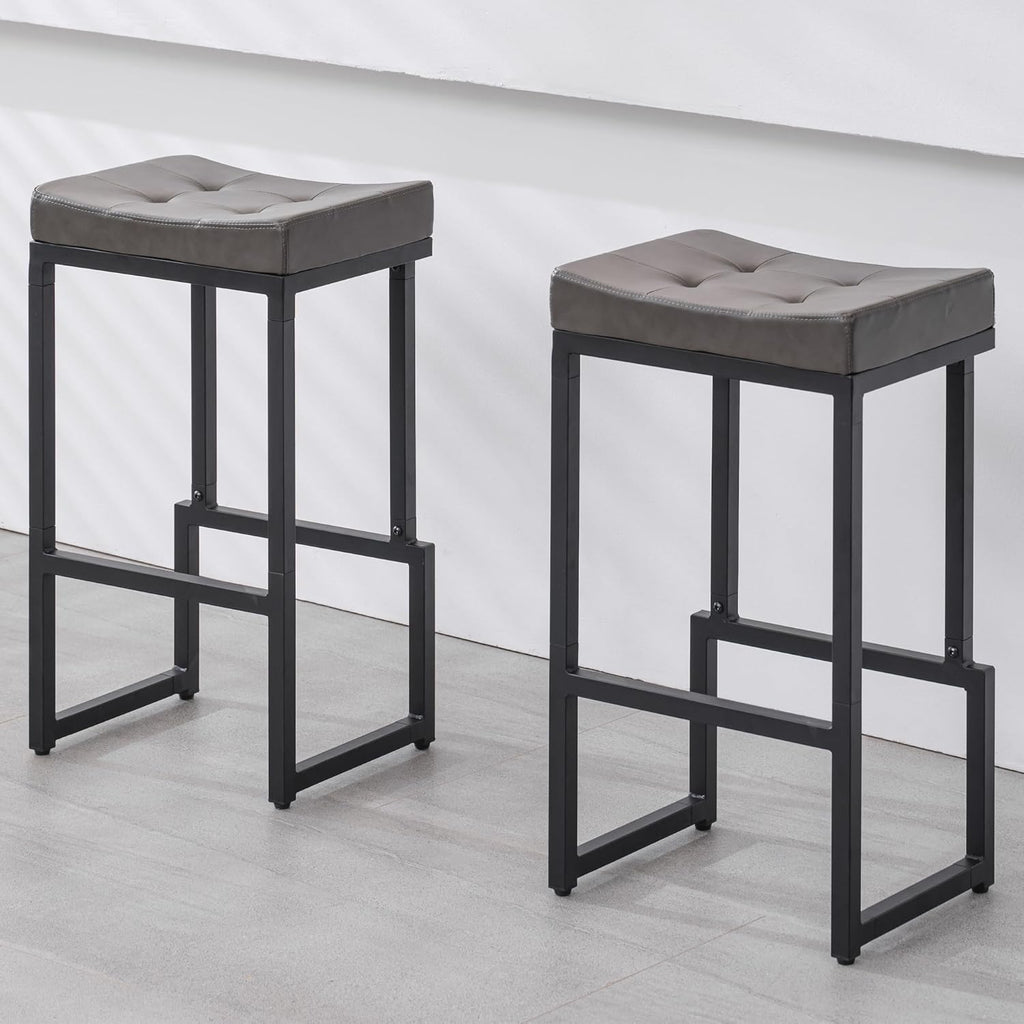 Bar Stools Set of 3, 24" Counter Height Bar Stools, Faux Leather Barstools for Kitchen Island, Backless Saddle Stools with Metal Legs (Grey, 3PCS 24" Counter Stools) - Grand Goldman