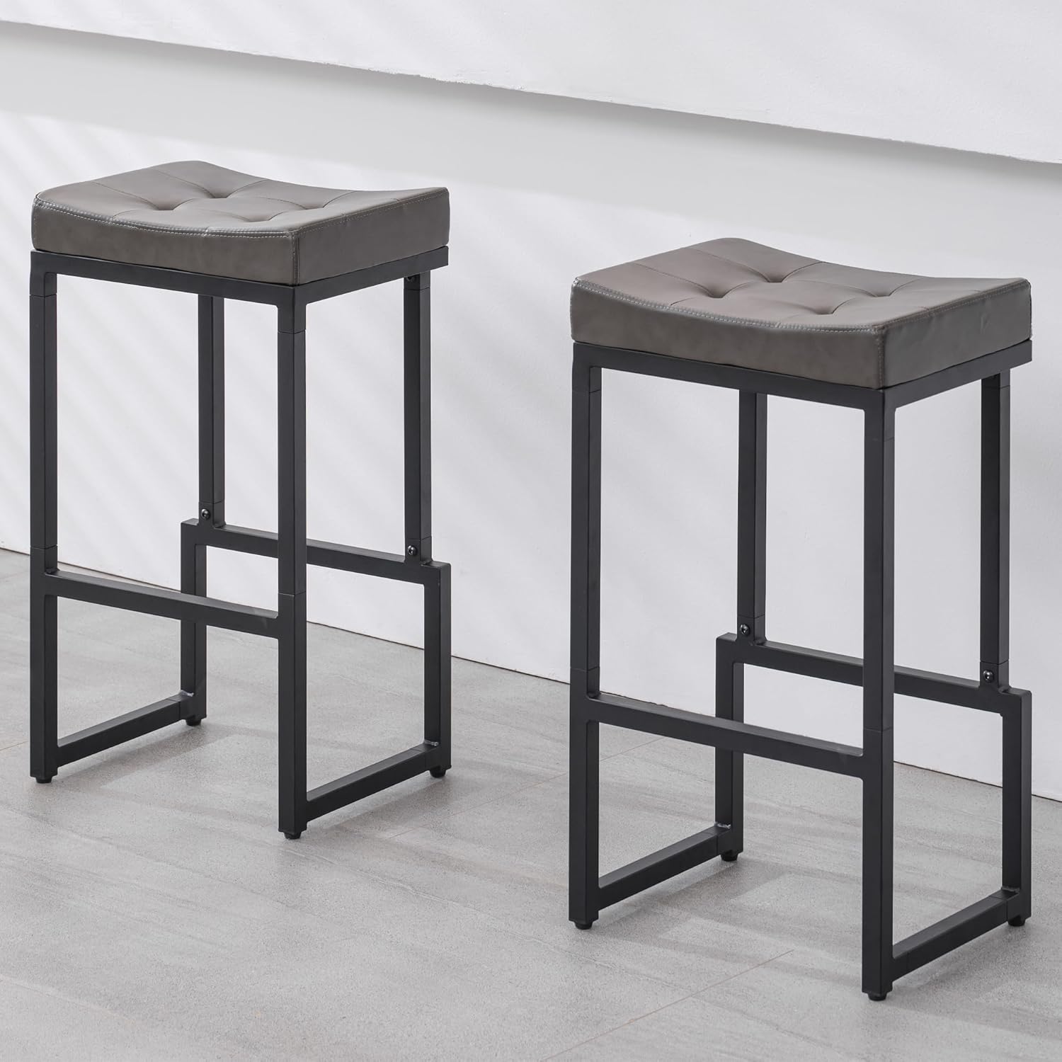 Bar Stools Set of 3, 24" Counter Height Bar Stools, Faux Leather Barstools for Kitchen Island, Backless Saddle Stools with Metal Legs (Grey, 3PCS 24" Counter Stools) - Grand Goldman