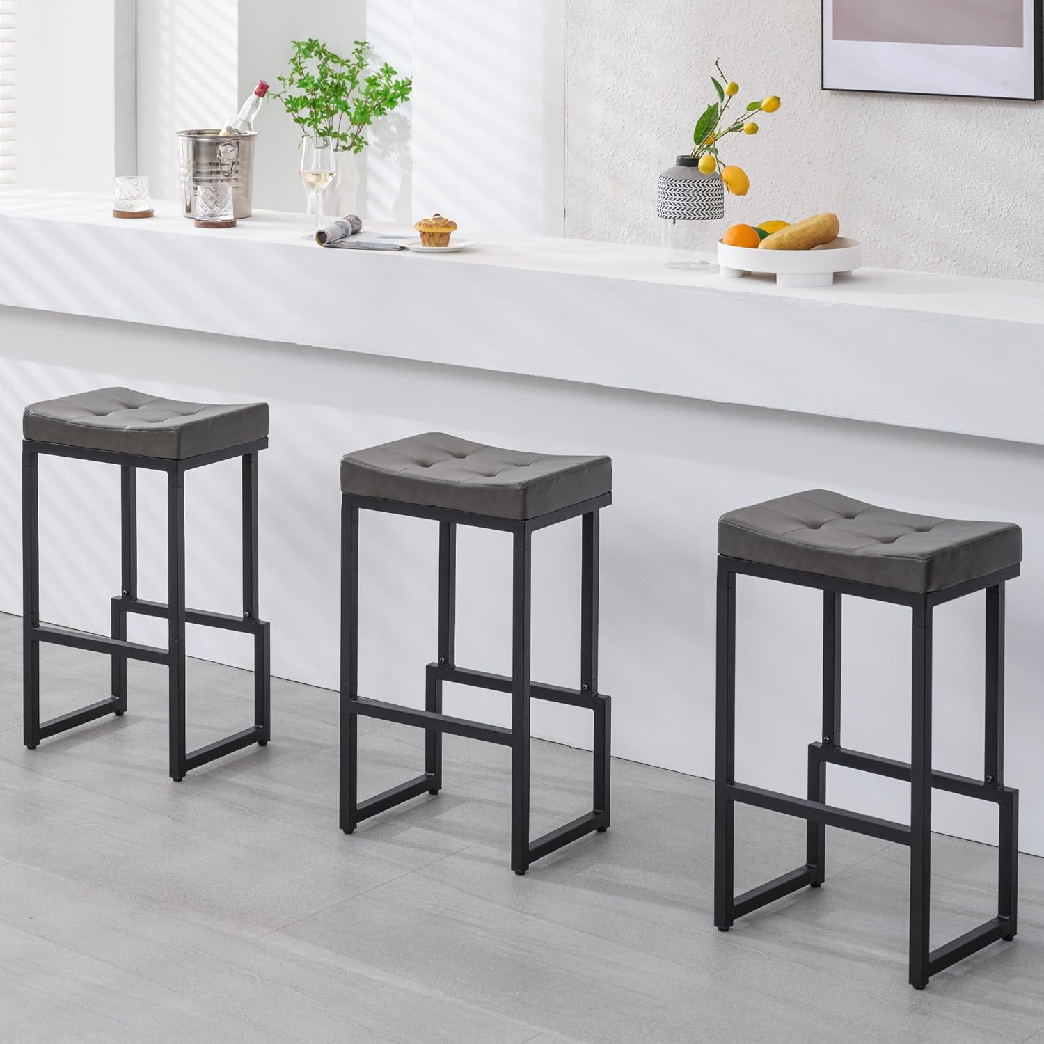 Bar Stools Set of 3, 24" Counter Height Bar Stools, Faux Leather Barstools for Kitchen Island, Backless Saddle Stools with Metal Legs (Grey, 3PCS 24" Counter Stools) - Grand Goldman