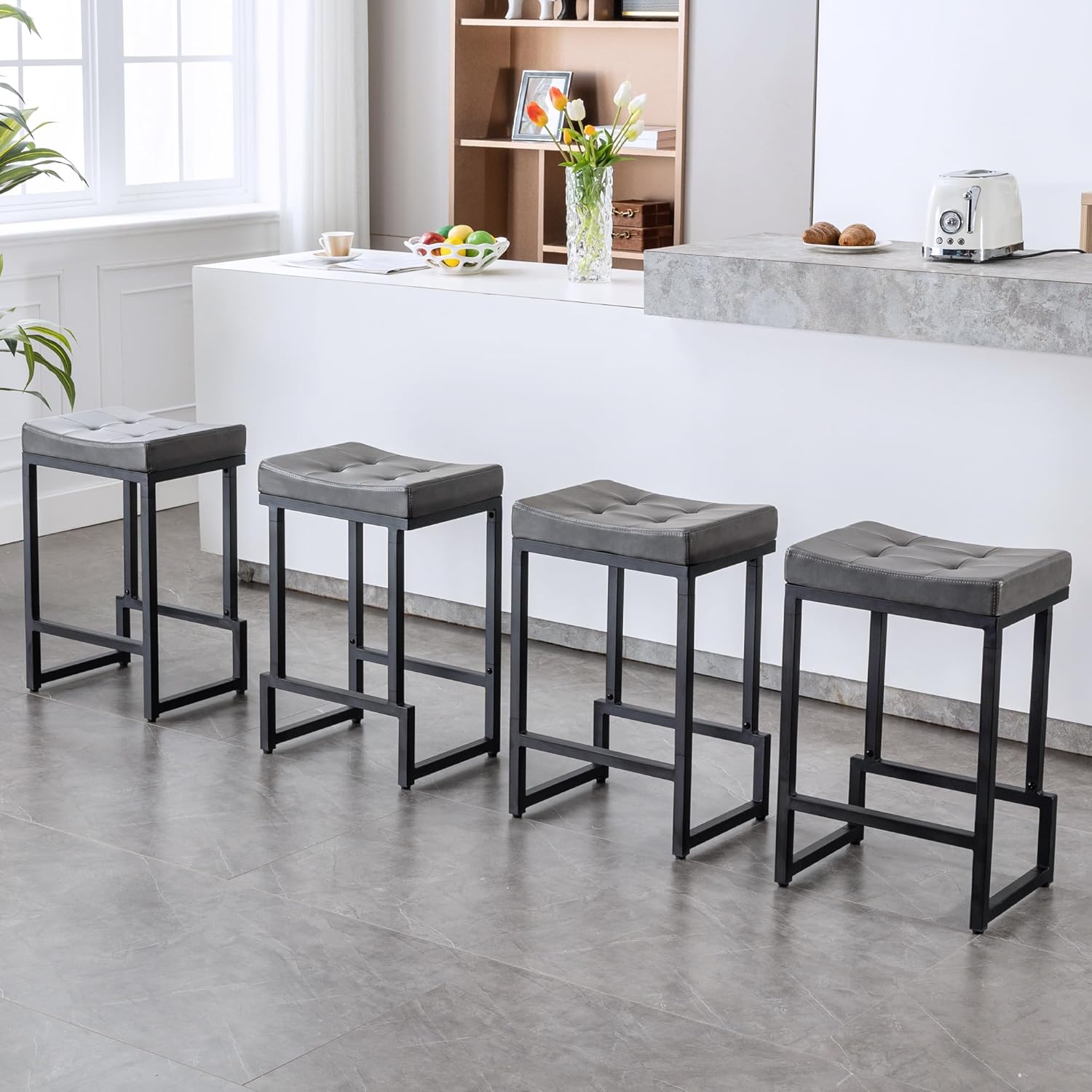Bar Stools Set of 3, 24" Counter Height Bar Stools, Faux Leather Barstools for Kitchen Island, Backless Saddle Stools with Metal Legs (Grey, 3PCS 24" Counter Stools) - Grand Goldman