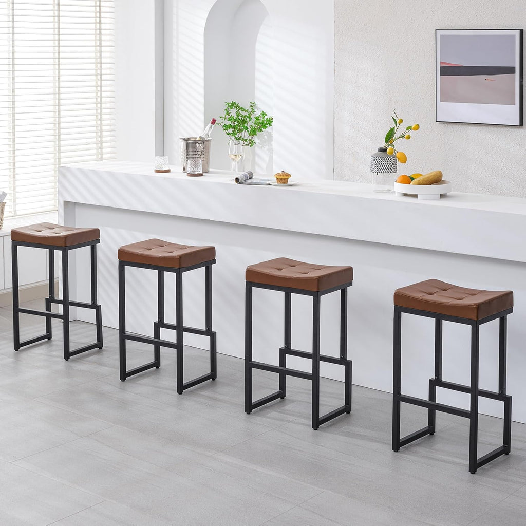 Bar Stools Set of 3, 24" Counter Height Bar Stools, Faux Leather Barstools for Kitchen Island, Backless Saddle Stools with Metal Legs (Grey, 3PCS 24" Counter Stools) - Grand Goldman