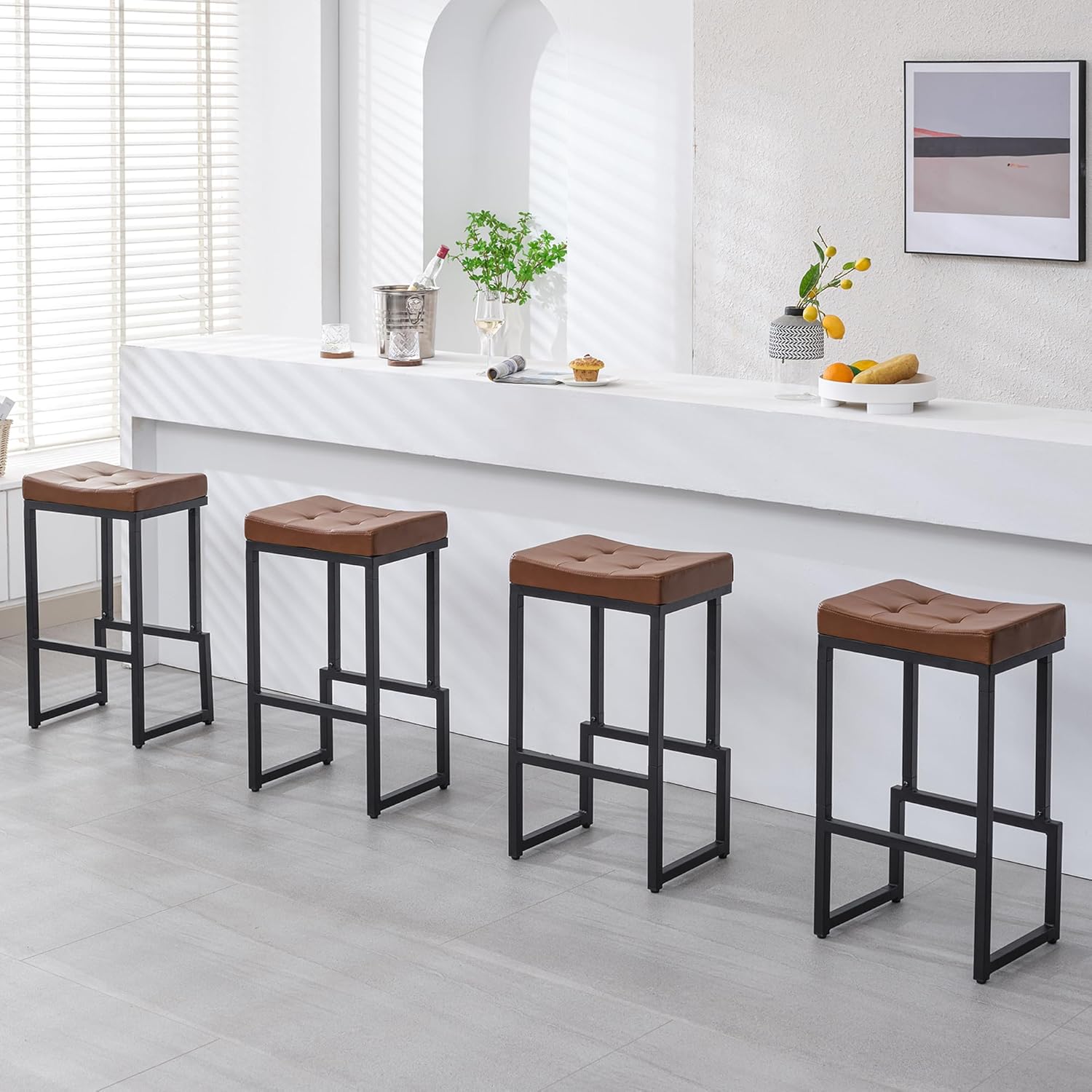 Bar Stools Set of 3, 24" Counter Height Bar Stools, Faux Leather Barstools for Kitchen Island, Backless Saddle Stools with Metal Legs (Grey, 3PCS 24" Counter Stools) - Grand Goldman