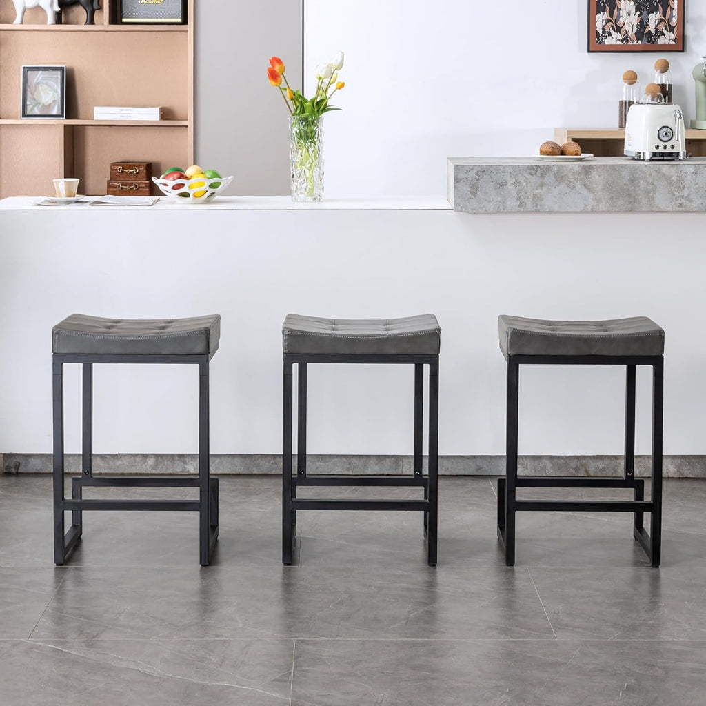 Bar Stools Set of 3, 24" Counter Height Bar Stools, Faux Leather Barstools for Kitchen Island, Backless Saddle Stools with Metal Legs (Grey, 3PCS 24" Counter Stools) - Grand Goldman