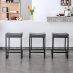 Bar Stools Set of 3, 24" Counter Height Bar Stools, Faux Leather Barstools for Kitchen Island, Backless Saddle Stools with Metal Legs (Grey, 3PCS 24" Counter Stools) - Grand Goldman