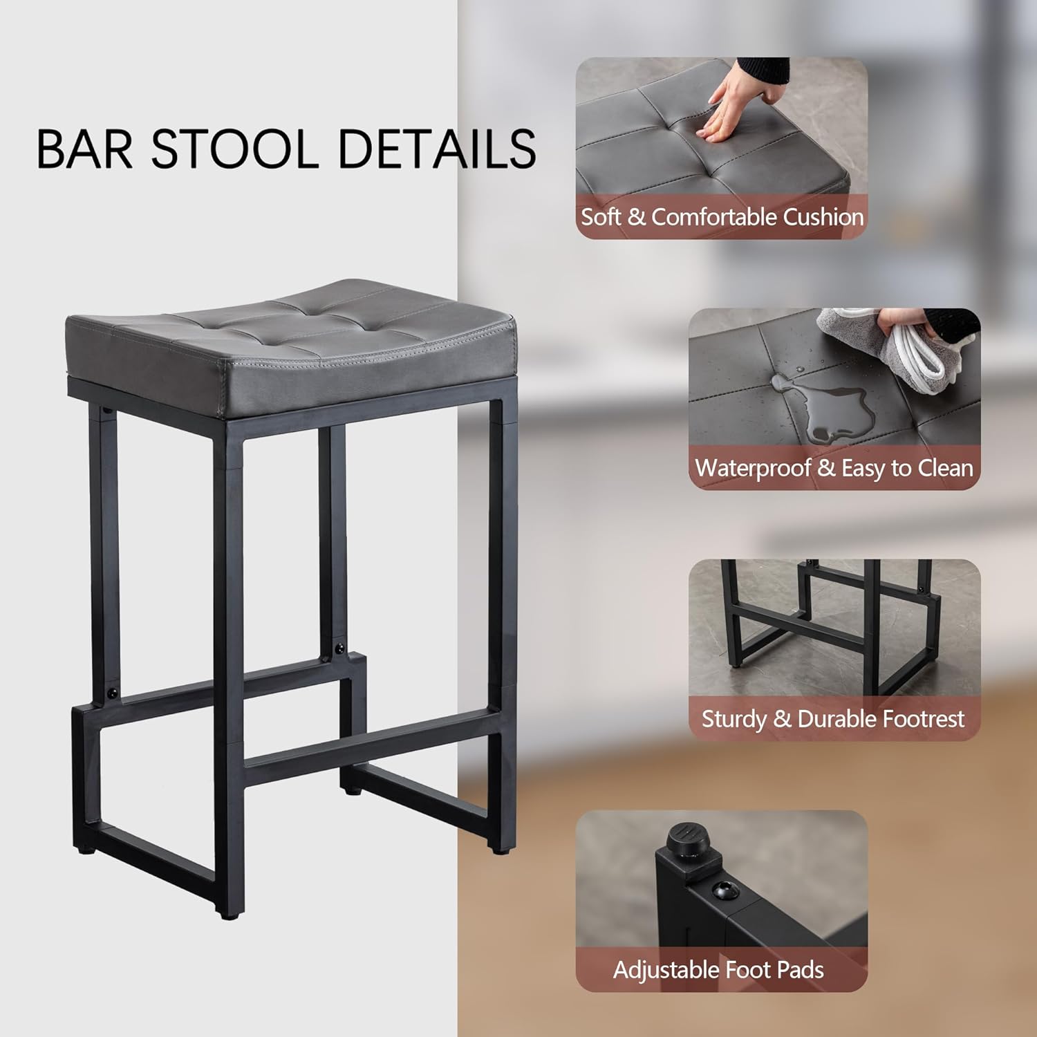 Bar Stools Set of 3, 24" Counter Height Bar Stools, Faux Leather Barstools for Kitchen Island, Backless Saddle Stools with Metal Legs (Grey, 3PCS 24" Counter Stools) - Grand Goldman