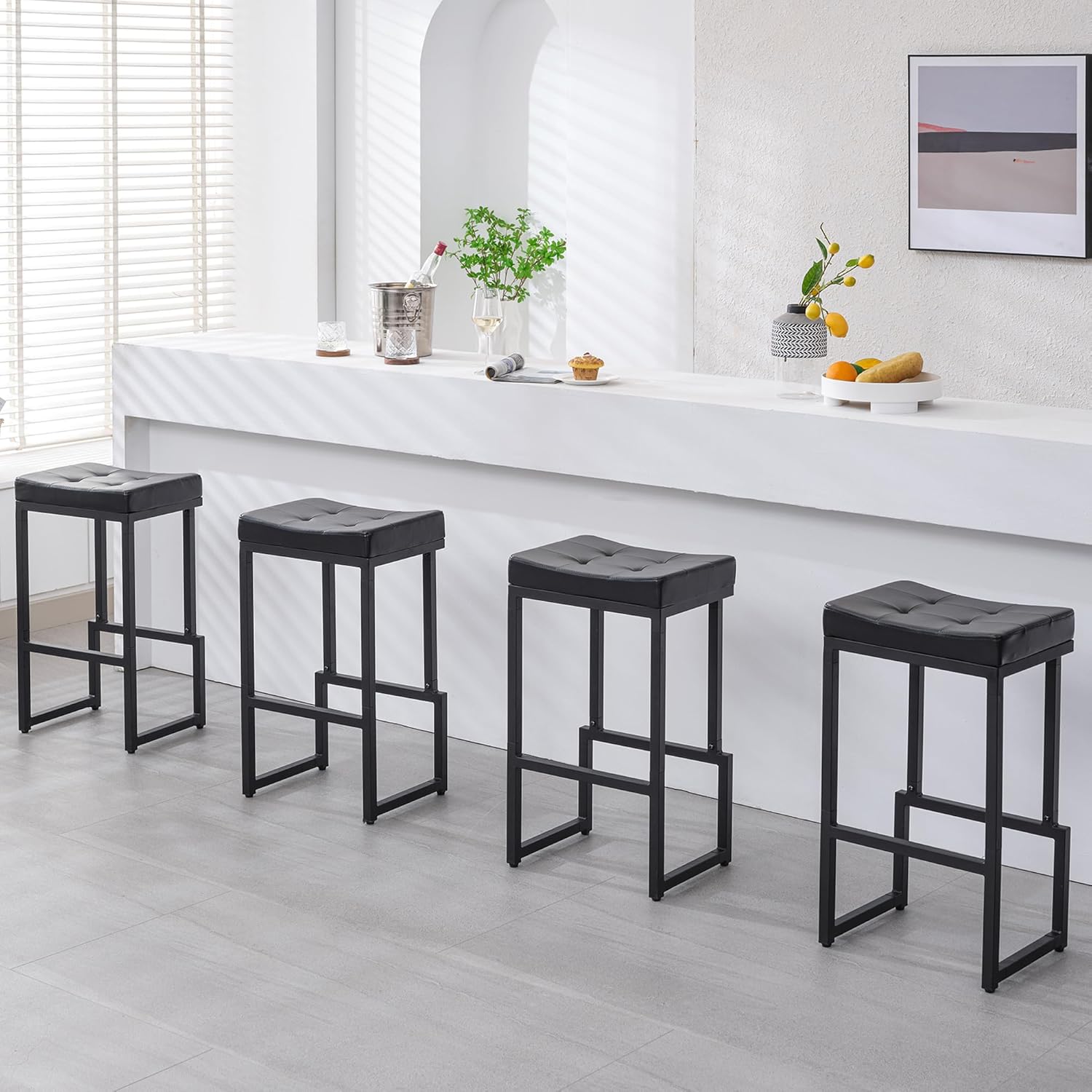 Bar Stools Set of 3, 24" Counter Height Bar Stools, Faux Leather Barstools for Kitchen Island, Backless Saddle Stools with Metal Legs (Grey, 3PCS 24" Counter Stools) - Grand Goldman