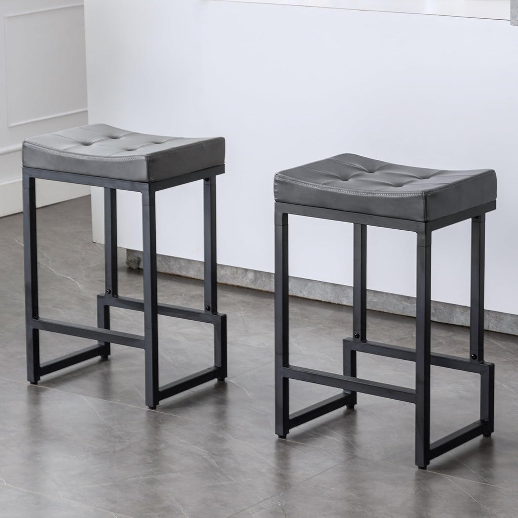 Bar Stools Set of 3, 24" Counter Height Bar Stools, Faux Leather Barstools for Kitchen Island, Backless Saddle Stools with Metal Legs (Grey, 3PCS 24" Counter Stools) - Grand Goldman