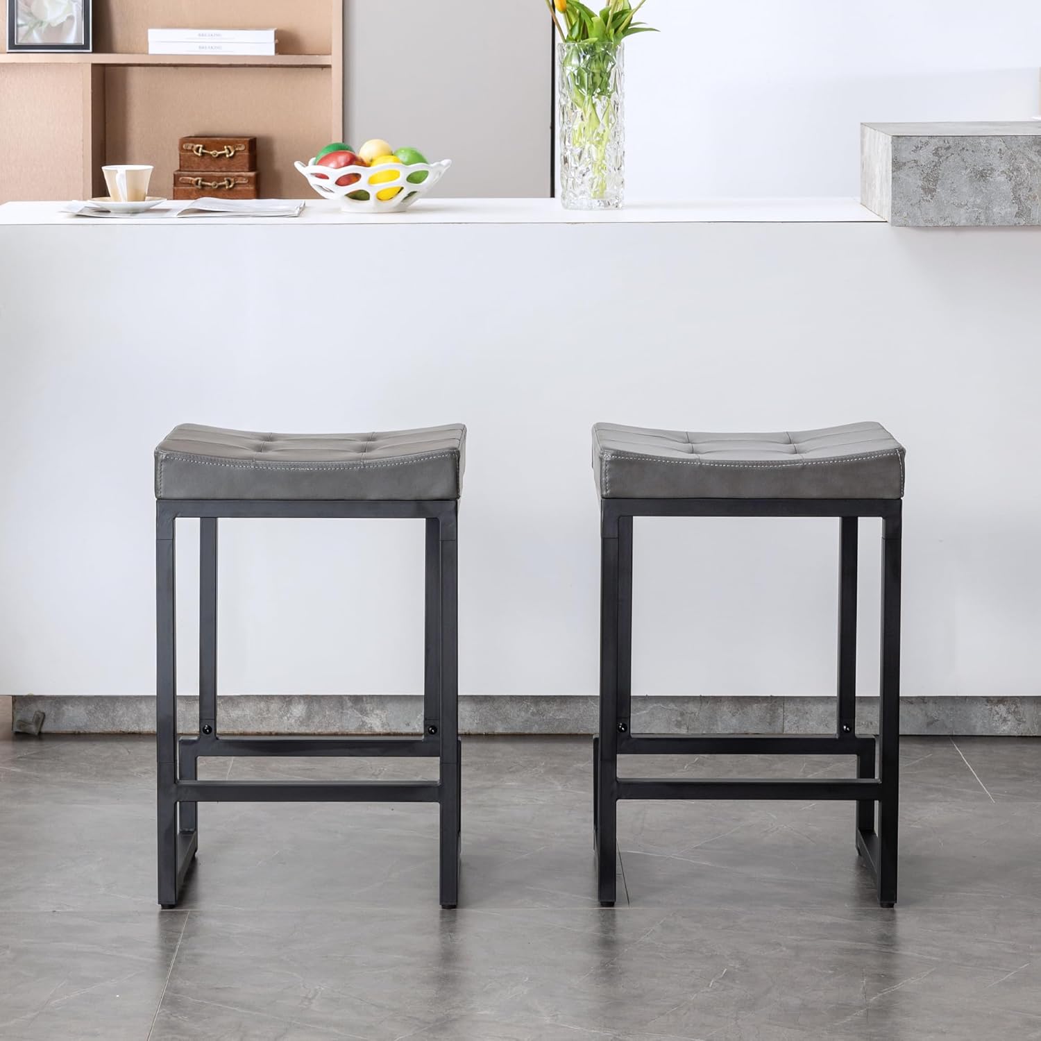 Bar Stools Set of 3, 24" Counter Height Bar Stools, Faux Leather Barstools for Kitchen Island, Backless Saddle Stools with Metal Legs (Grey, 3PCS 24" Counter Stools) - Grand Goldman