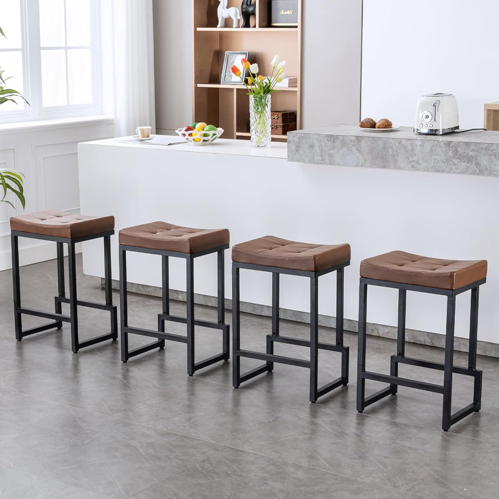 Bar Stools Set of 3, 24" Counter Height Bar Stools, Faux Leather Barstools for Kitchen Island, Backless Saddle Stools with Metal Legs (Grey, 3PCS 24" Counter Stools) - Grand Goldman