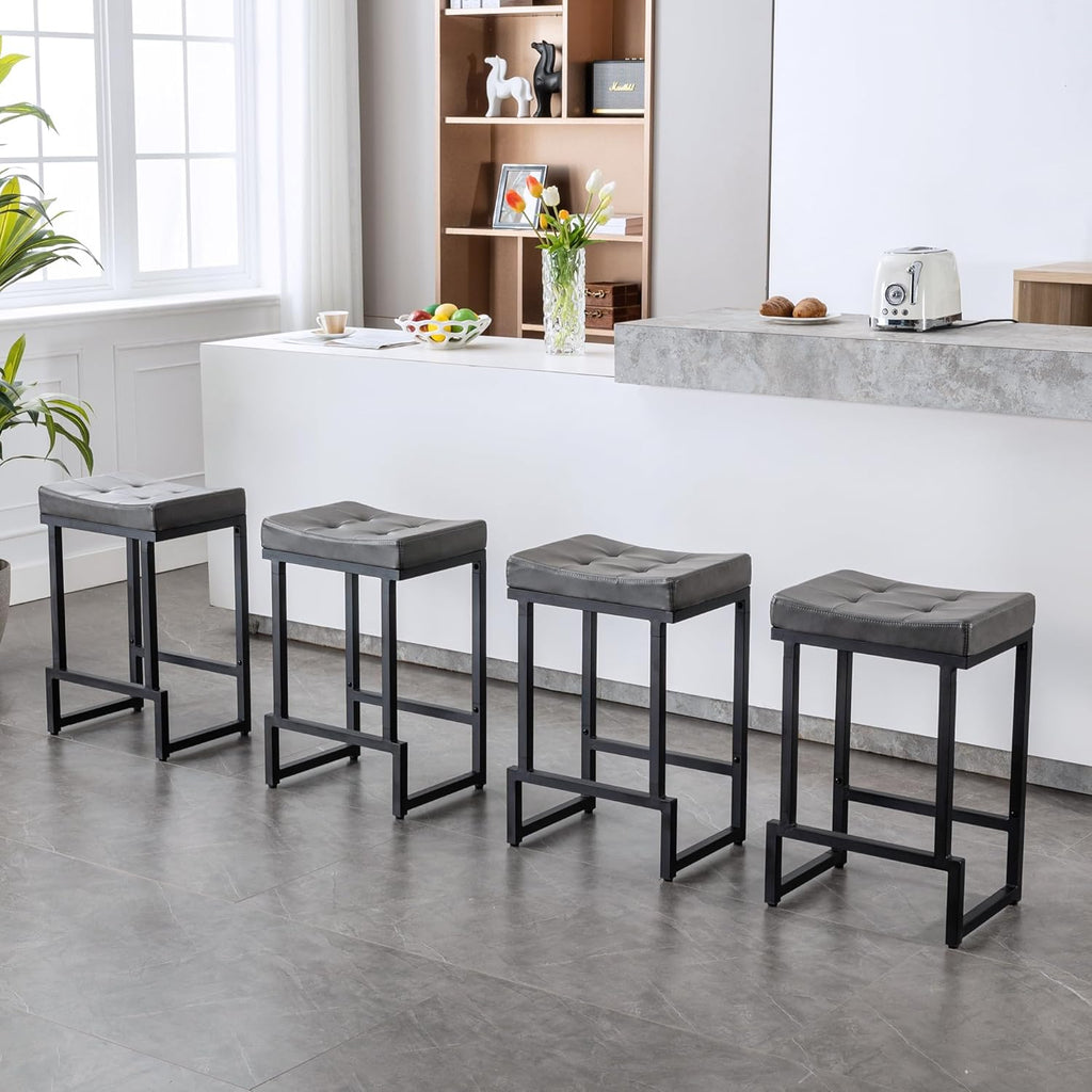 Bar Stools Set of 3, 24" Counter Height Bar Stools, Faux Leather Barstools for Kitchen Island, Backless Saddle Stools with Metal Legs (Grey, 3PCS 24" Counter Stools) - Grand Goldman