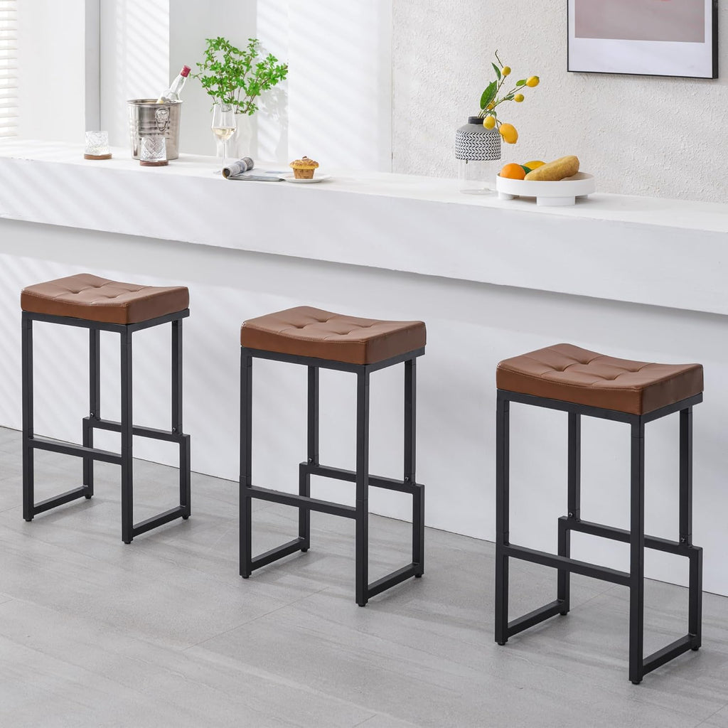 Bar Stools Set of 3, 24" Counter Height Bar Stools, Faux Leather Barstools for Kitchen Island, Backless Saddle Stools with Metal Legs (Grey, 3PCS 24" Counter Stools) - Grand Goldman