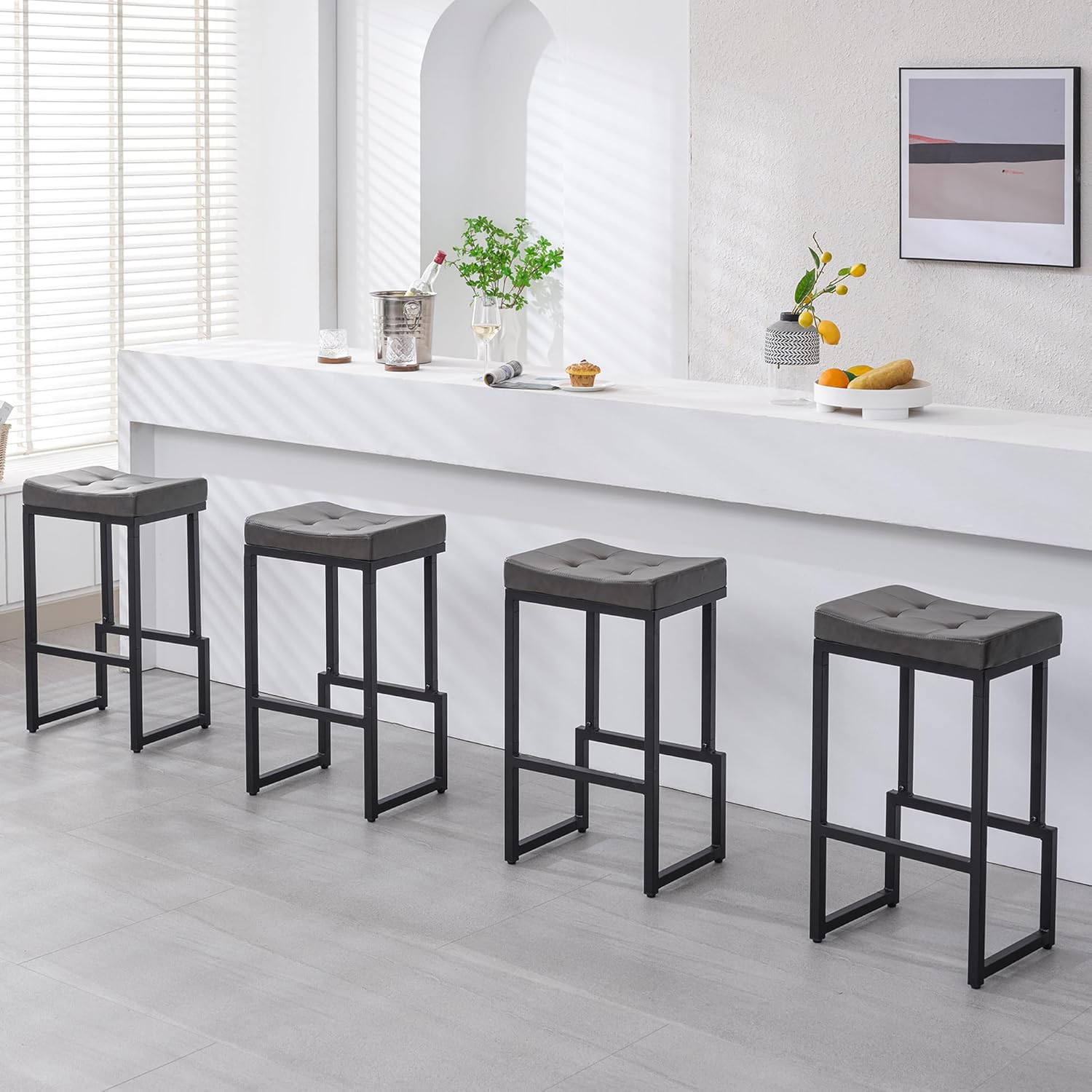 Bar Stools Set of 3, 24" Counter Height Bar Stools, Faux Leather Barstools for Kitchen Island, Backless Saddle Stools with Metal Legs (Grey, 3PCS 24" Counter Stools) - Grand Goldman