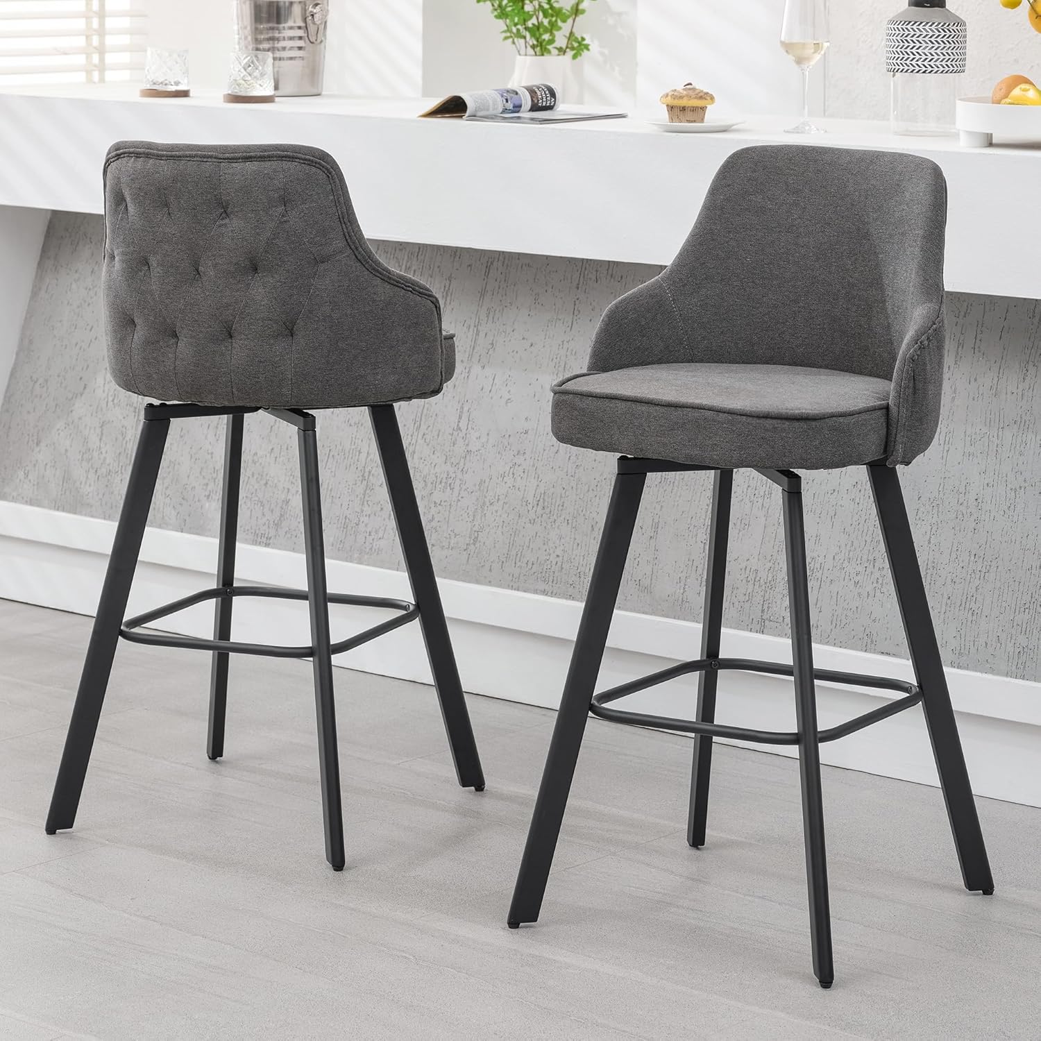 Bar Stools Set of 3, 26" Swivel Counter Height Bar Stools with High Back, Linen Kitchen Barstools Counter Height for Kitchen Island (Dark Grey, 3PCS 26" Counter Stools) - Grand Goldman