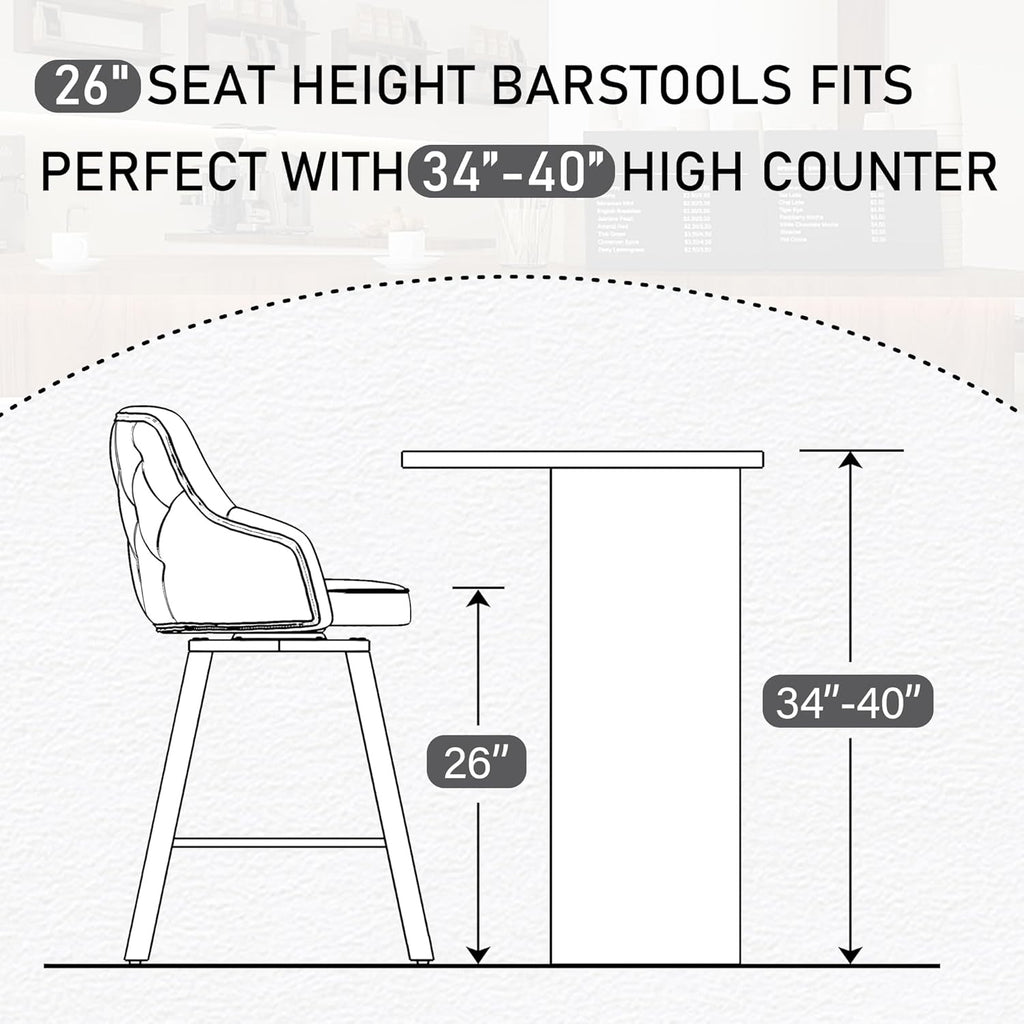 Bar Stools Set of 3, 26" Swivel Counter Height Bar Stools with High Back, Linen Kitchen Barstools Counter Height for Kitchen Island (Dark Grey, 3PCS 26" Counter Stools) - Grand Goldman