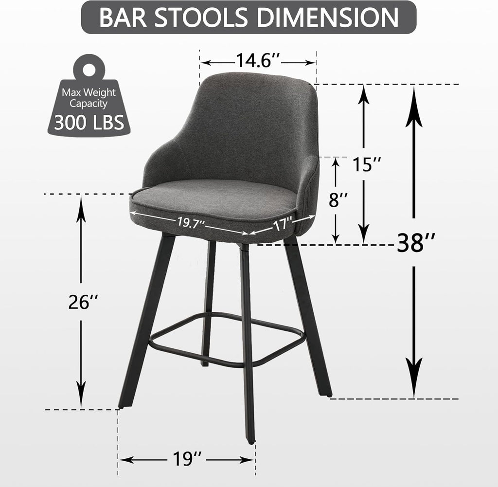 Bar Stools Set of 3, 26" Swivel Counter Height Bar Stools with High Back, Linen Kitchen Barstools Counter Height for Kitchen Island (Dark Grey, 3PCS 26" Counter Stools) - Grand Goldman