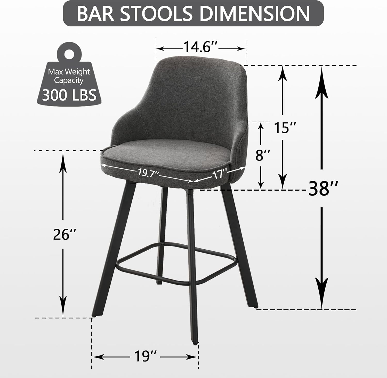Bar Stools Set of 3, 26" Swivel Counter Height Bar Stools with High Back, Linen Kitchen Barstools Counter Height for Kitchen Island (Dark Grey, 3PCS 26" Counter Stools) - Grand Goldman