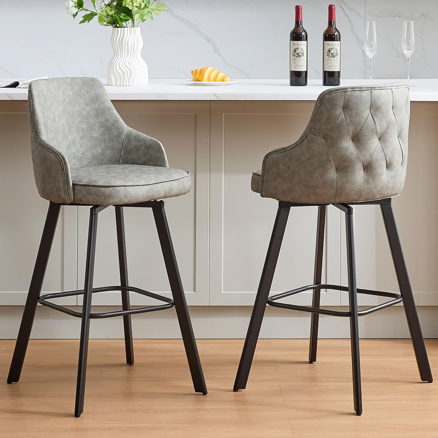 Bar Stools Set of 3, 26" Swivel Counter Height Bar Stools with High Back, Linen Kitchen Barstools Counter Height for Kitchen Island (Dark Grey, 3PCS 26" Counter Stools) - Grand Goldman