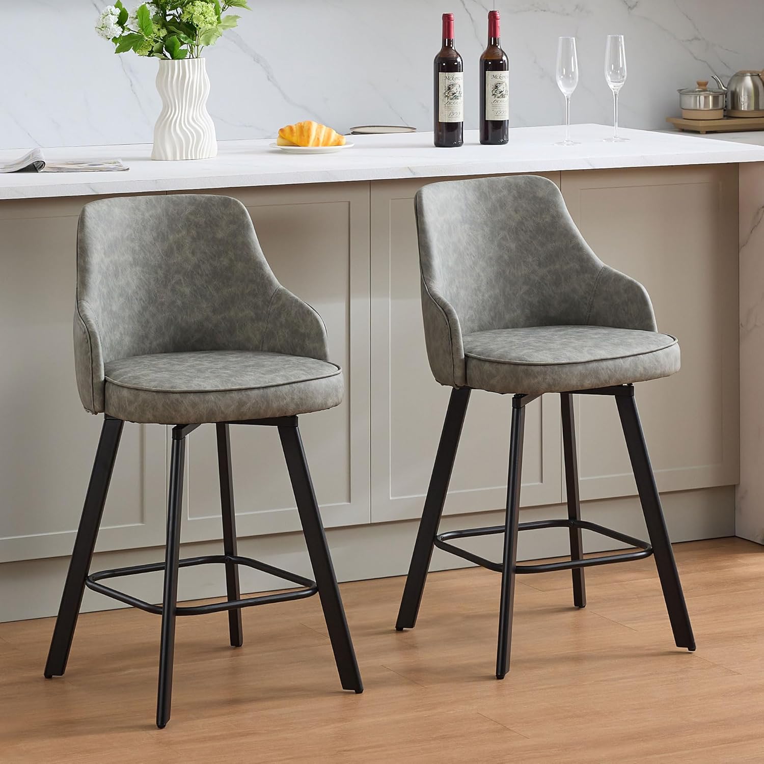 Bar Stools Set of 3, 26" Swivel Counter Height Bar Stools with High Back, Linen Kitchen Barstools Counter Height for Kitchen Island (Dark Grey, 3PCS 26" Counter Stools) - Grand Goldman