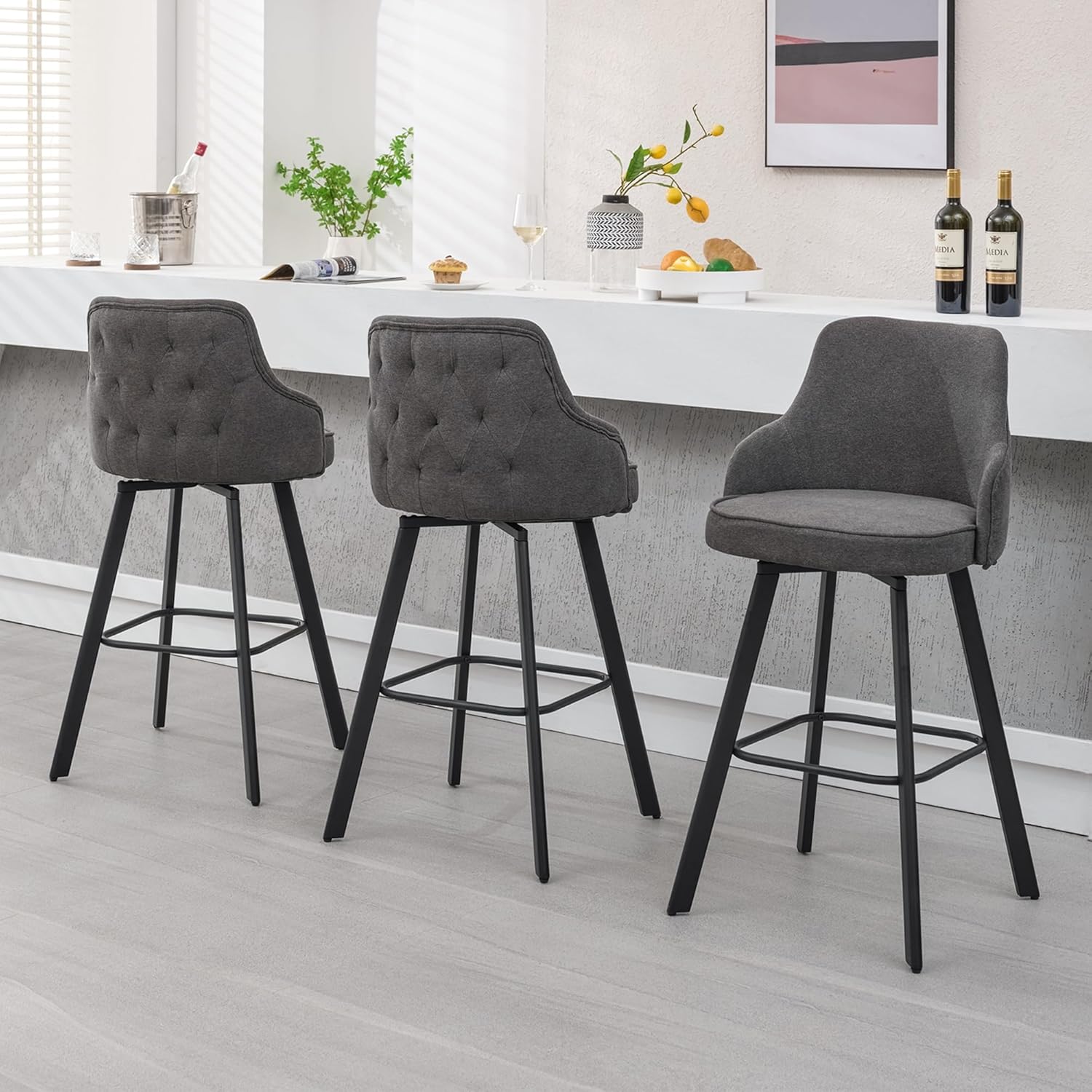 Bar Stools Set of 3, 26" Swivel Counter Height Bar Stools with High Back, Linen Kitchen Barstools Counter Height for Kitchen Island (Dark Grey, 3PCS 26" Counter Stools) - Grand Goldman