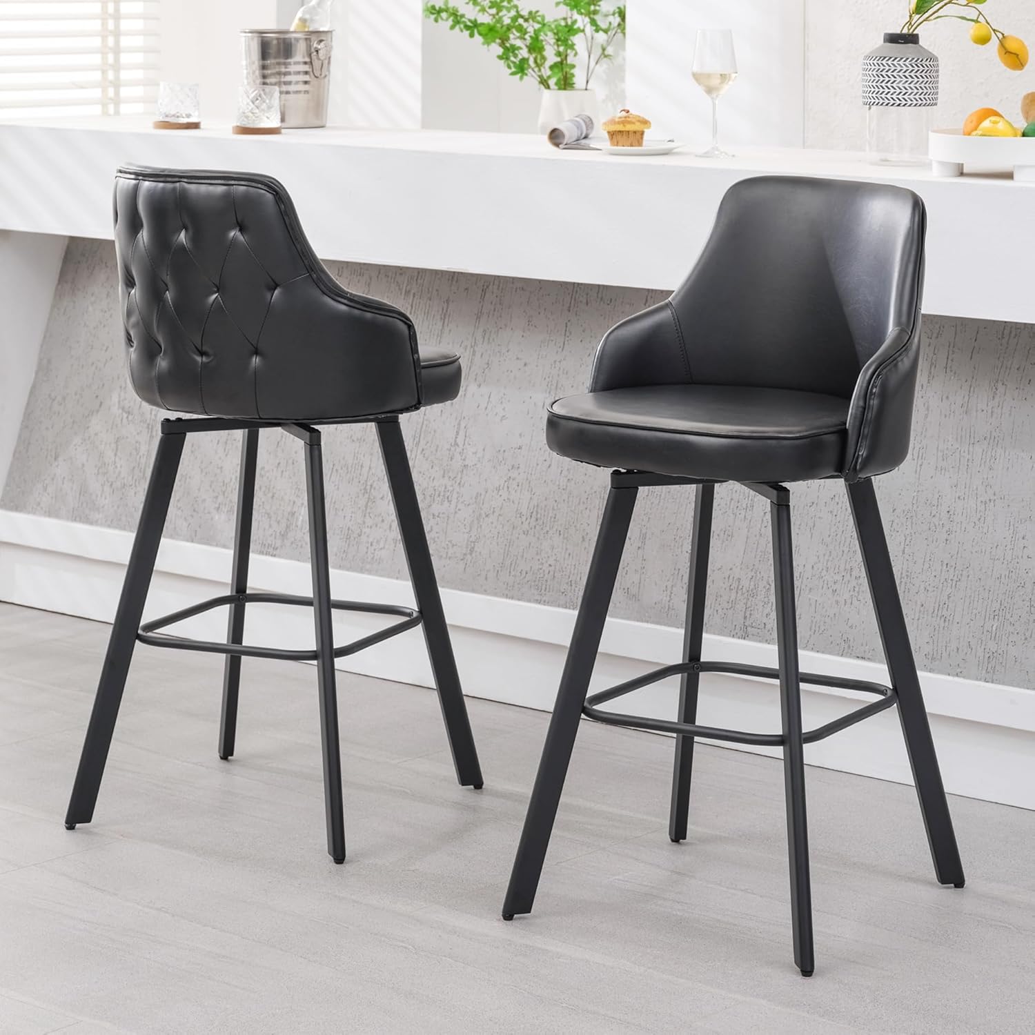 Bar Stools Set of 3, 26" Swivel Counter Height Bar Stools with High Back, Linen Kitchen Barstools Counter Height for Kitchen Island (Dark Grey, 3PCS 26" Counter Stools) - Grand Goldman